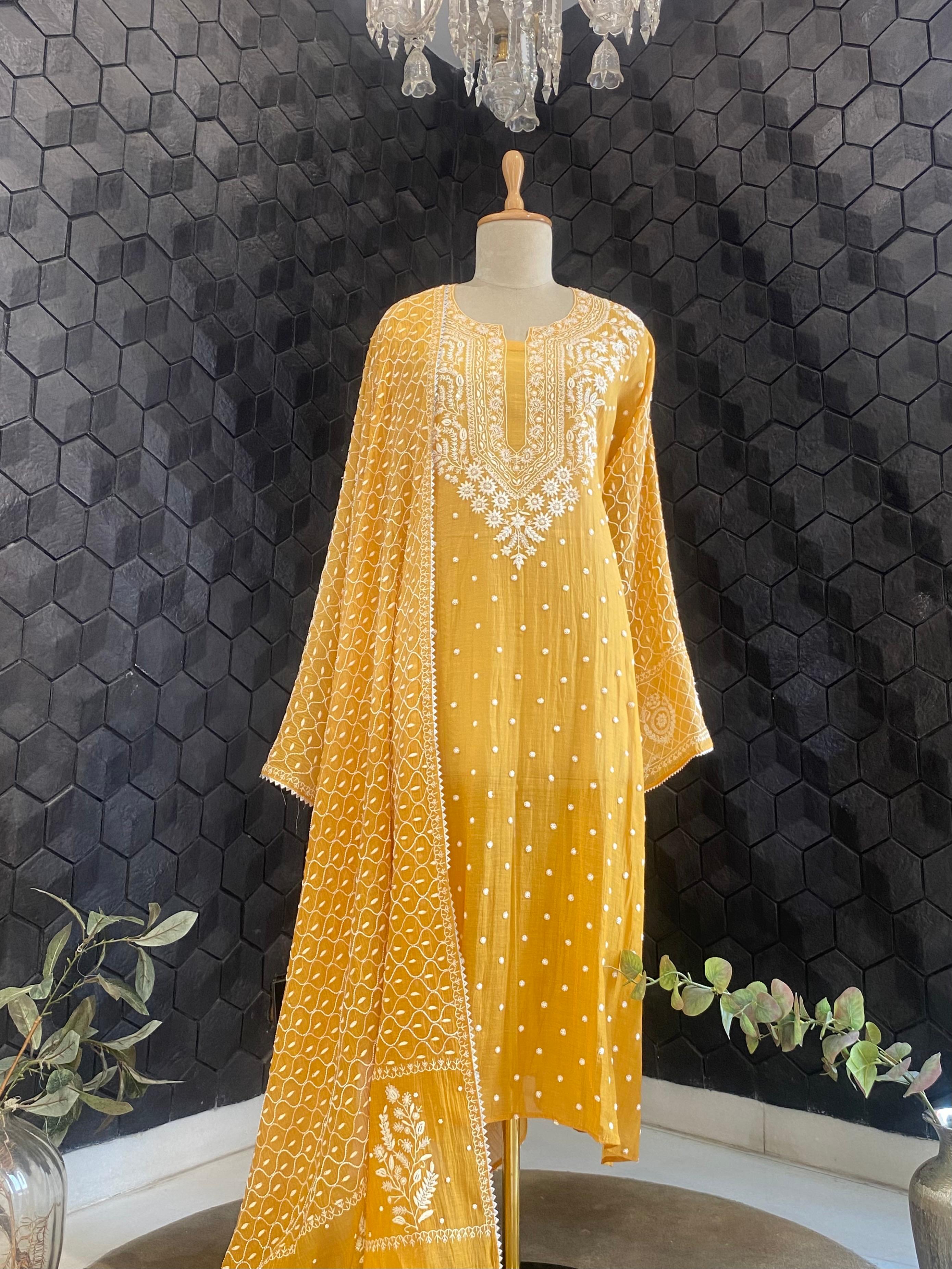 Mustard mul chanderi chikankari kurta set