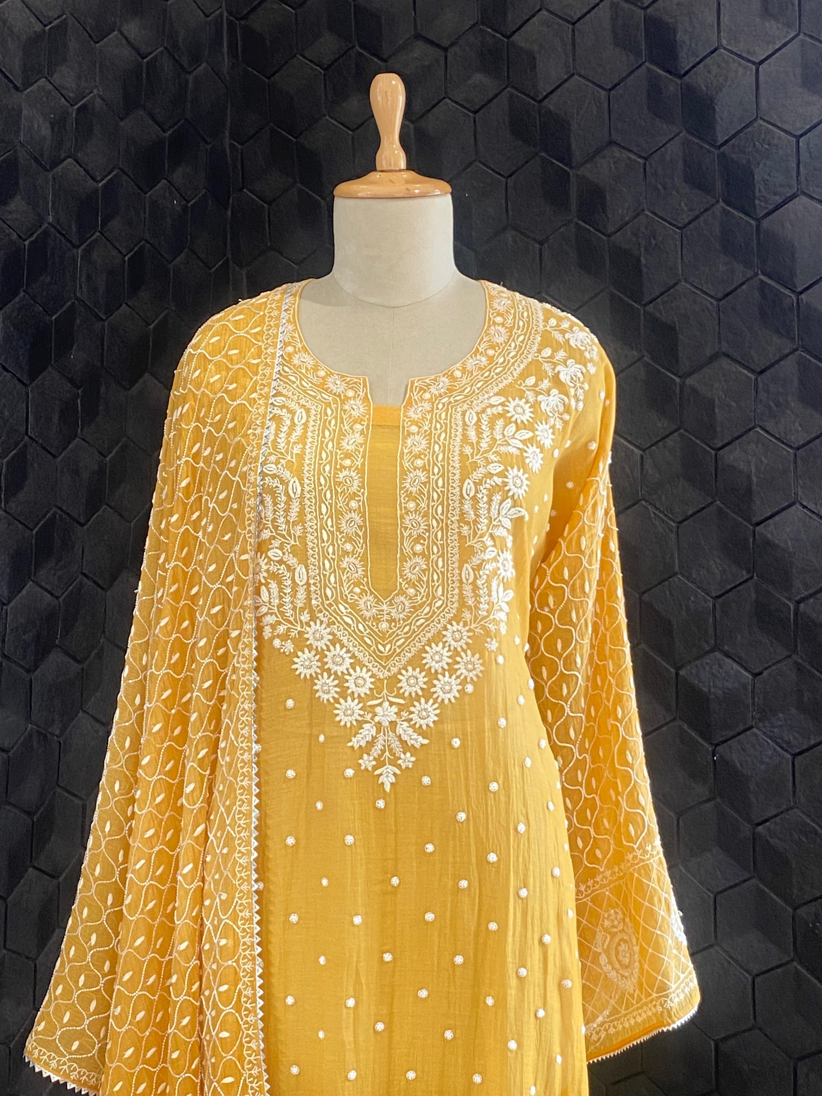 Mustard mul chanderi chikankari kurta set