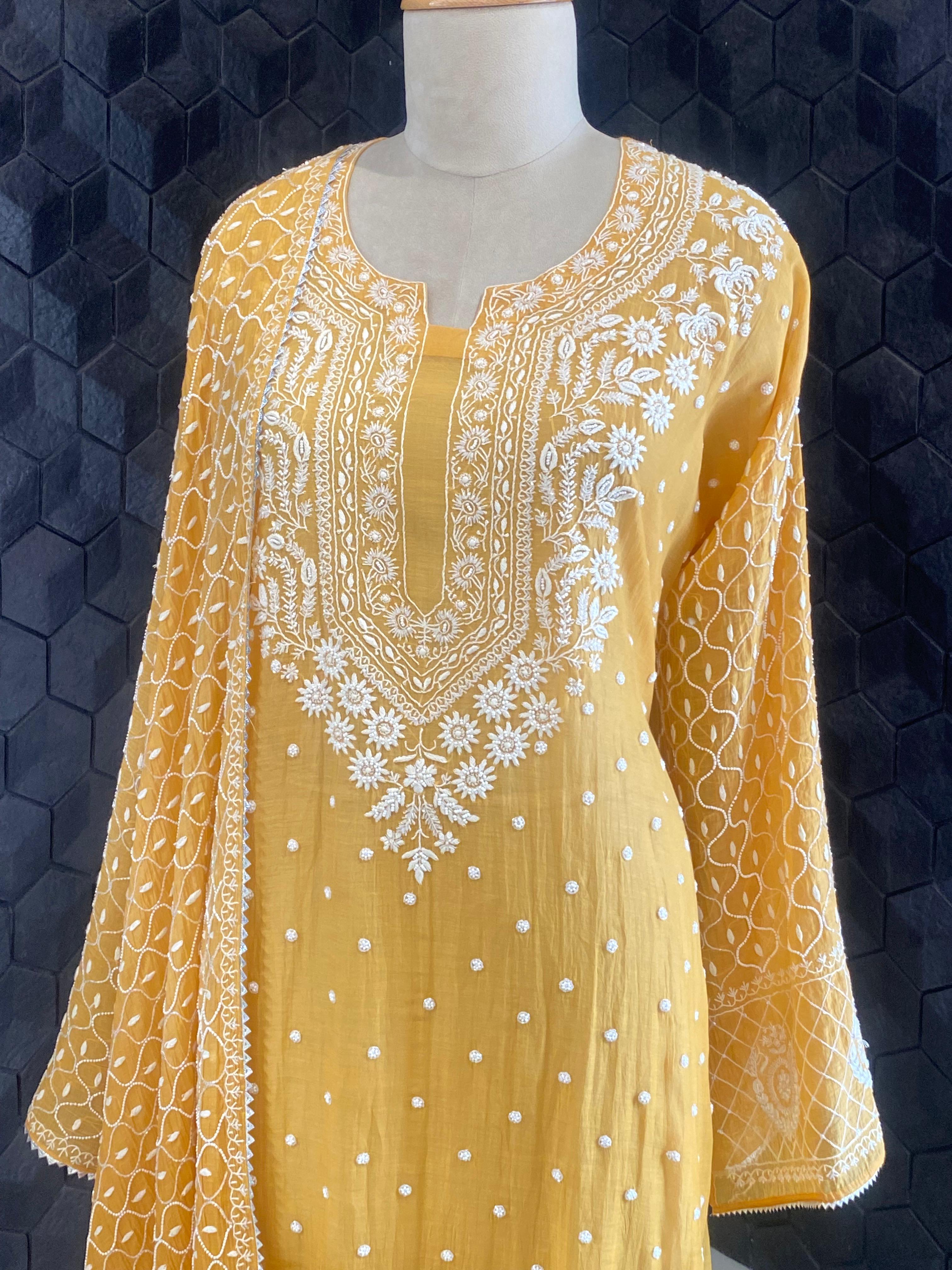 Mustard mul chanderi chikankari kurta set
