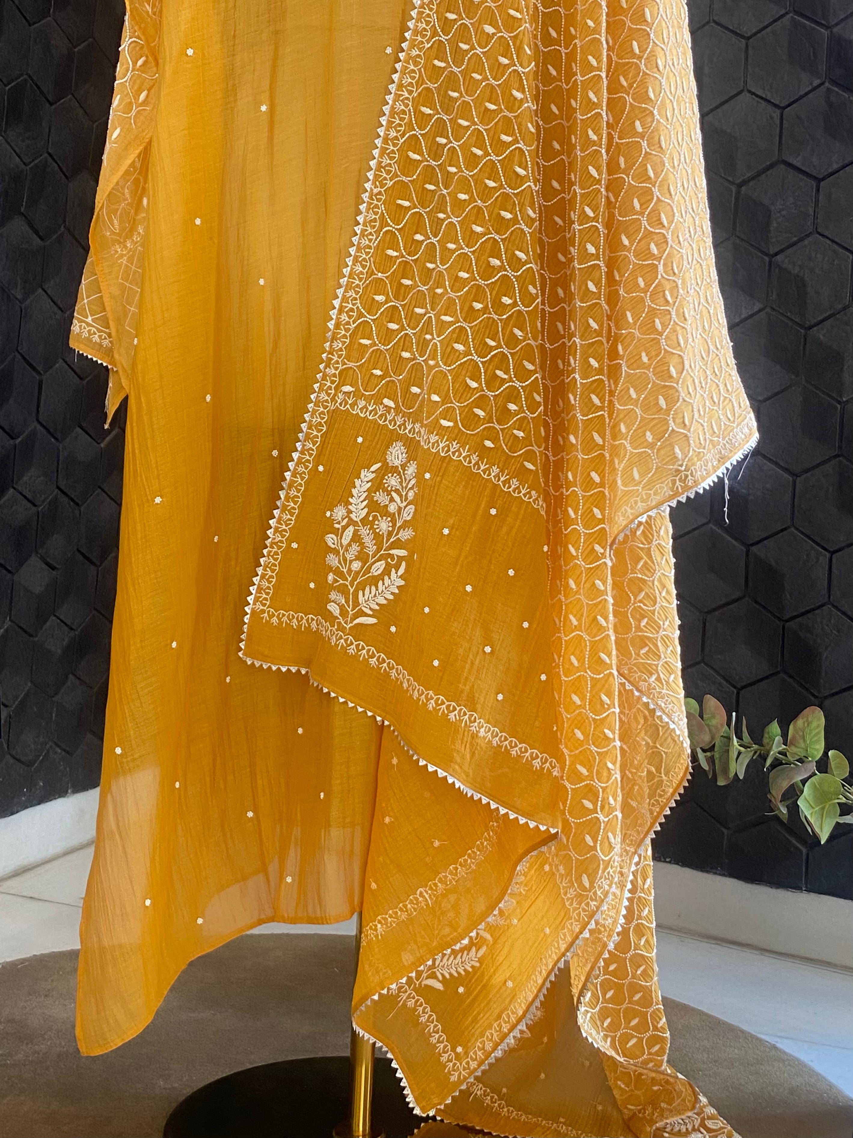 Mustard mul chanderi chikankari kurta set