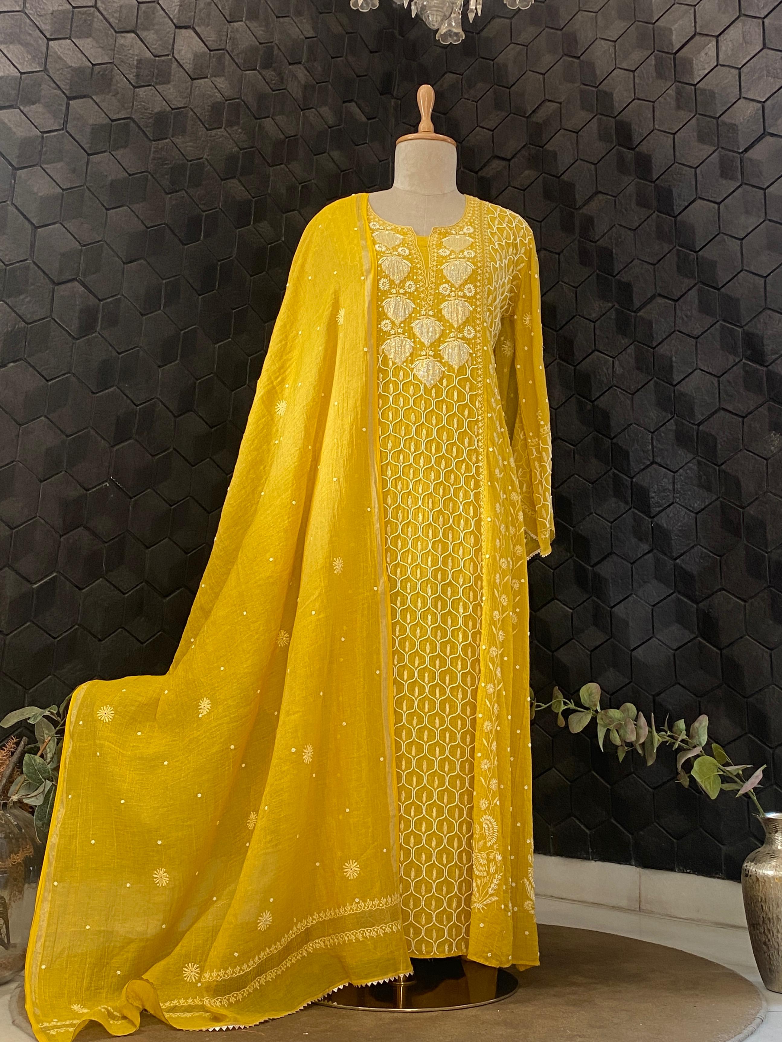 Yellow Silver Tissue Chikankari A-Line Kurta Set