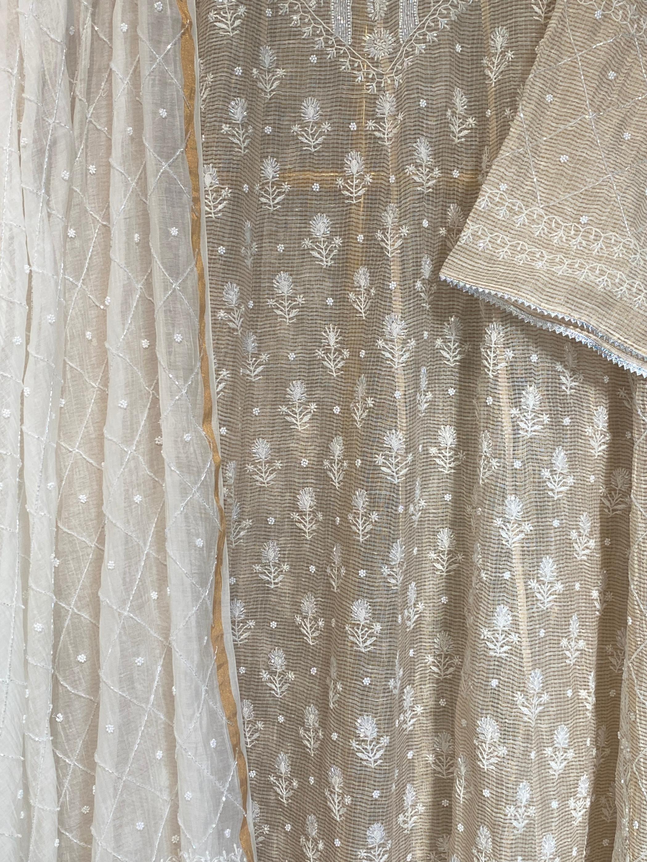 Natural stripe tissue chikankari Anarkali set