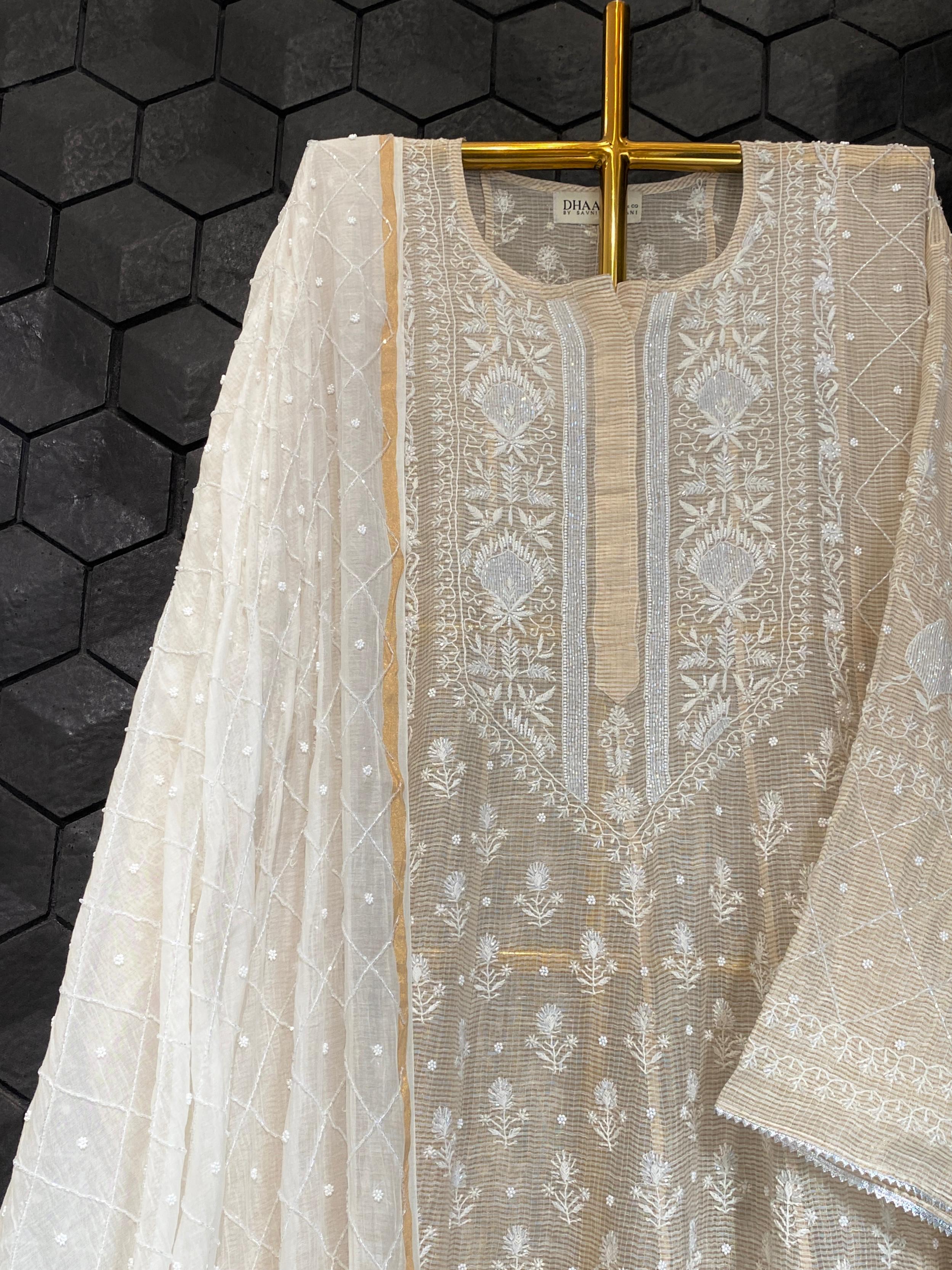 Natural stripe tissue chikankari Anarkali set