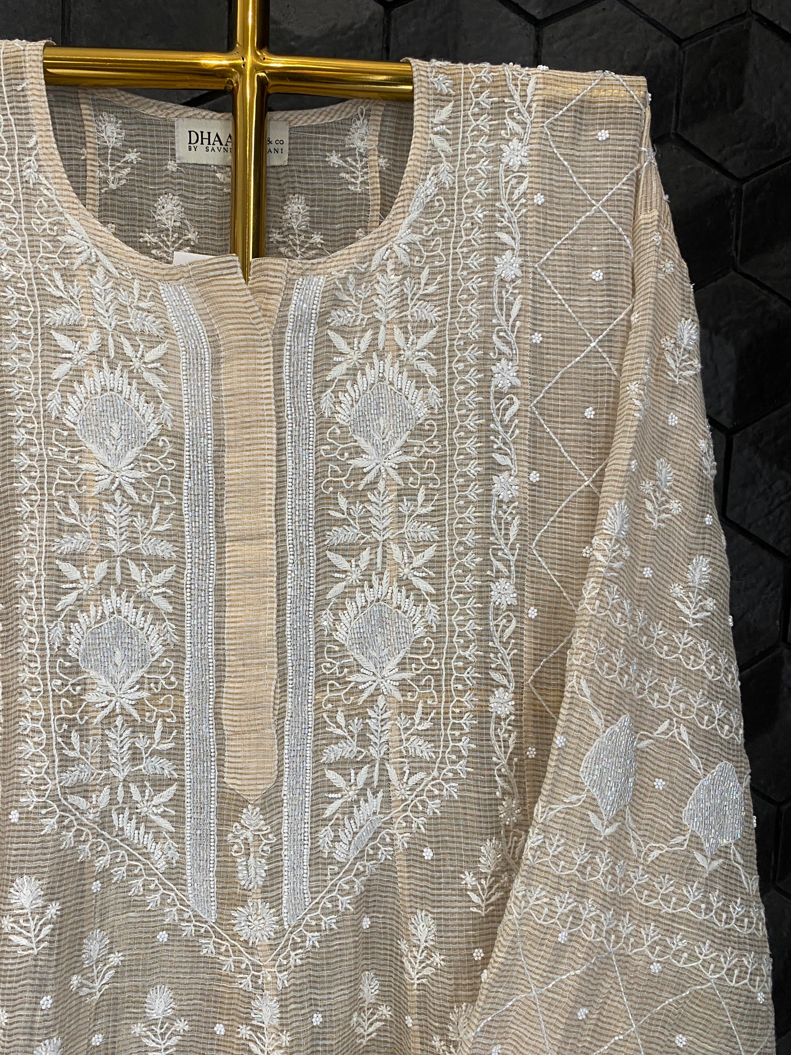 Natural stripe tissue chikankari Anarkali set