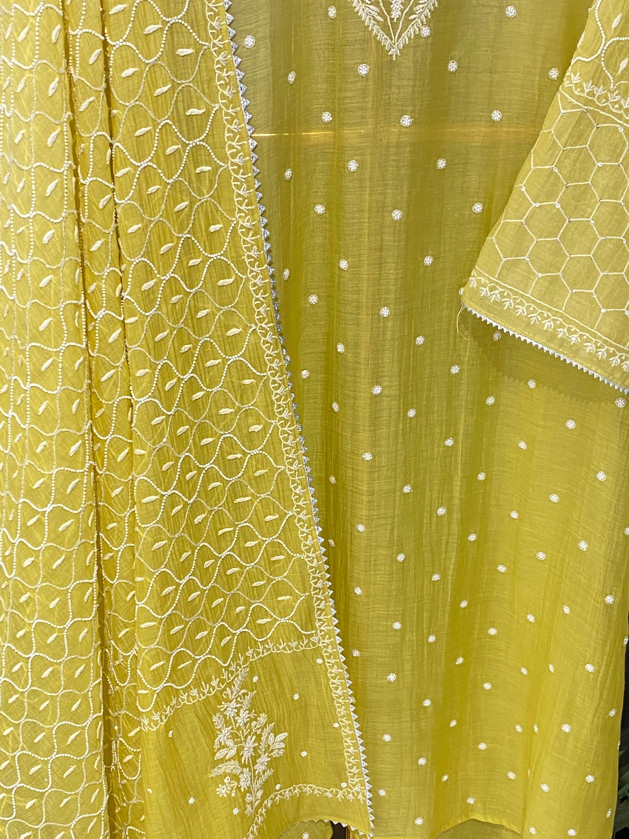 Lime green mul chanderi chikankari kurta set
