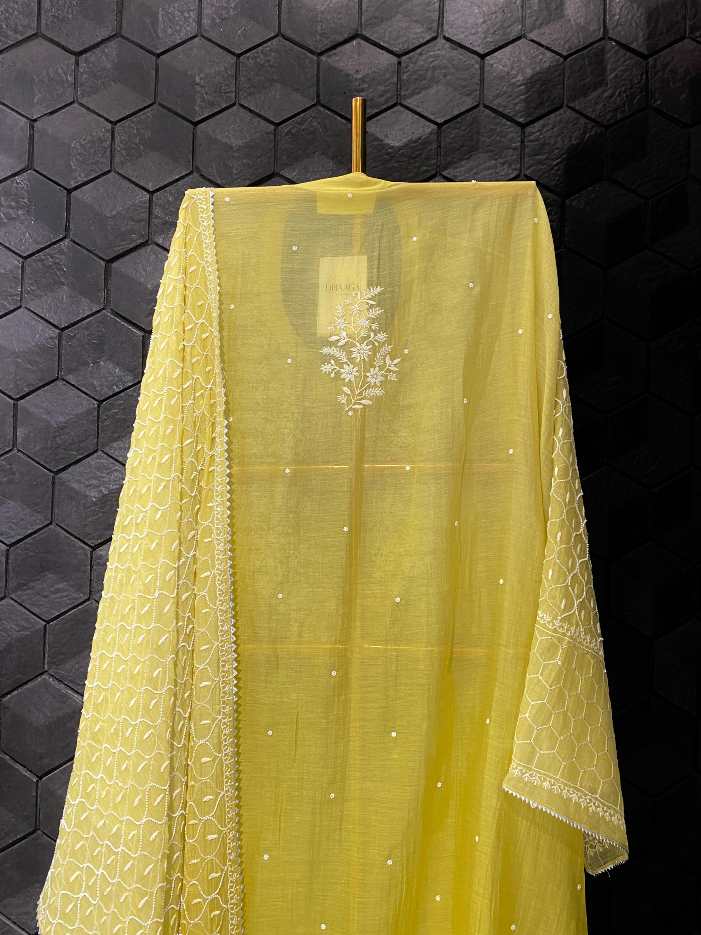 Lime green mul chanderi chikankari kurta set