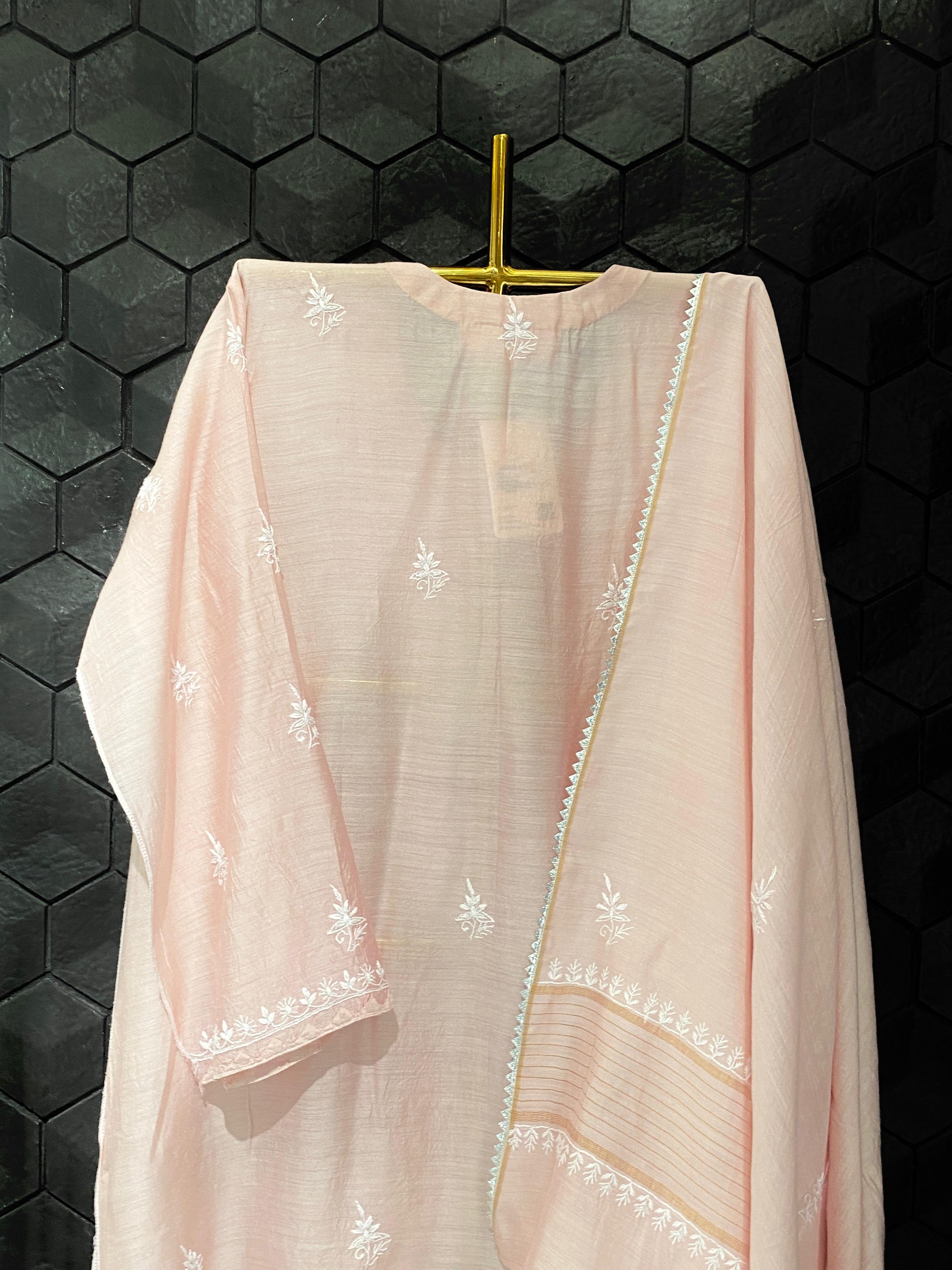 Pink Munga Silk chikankari kurta set