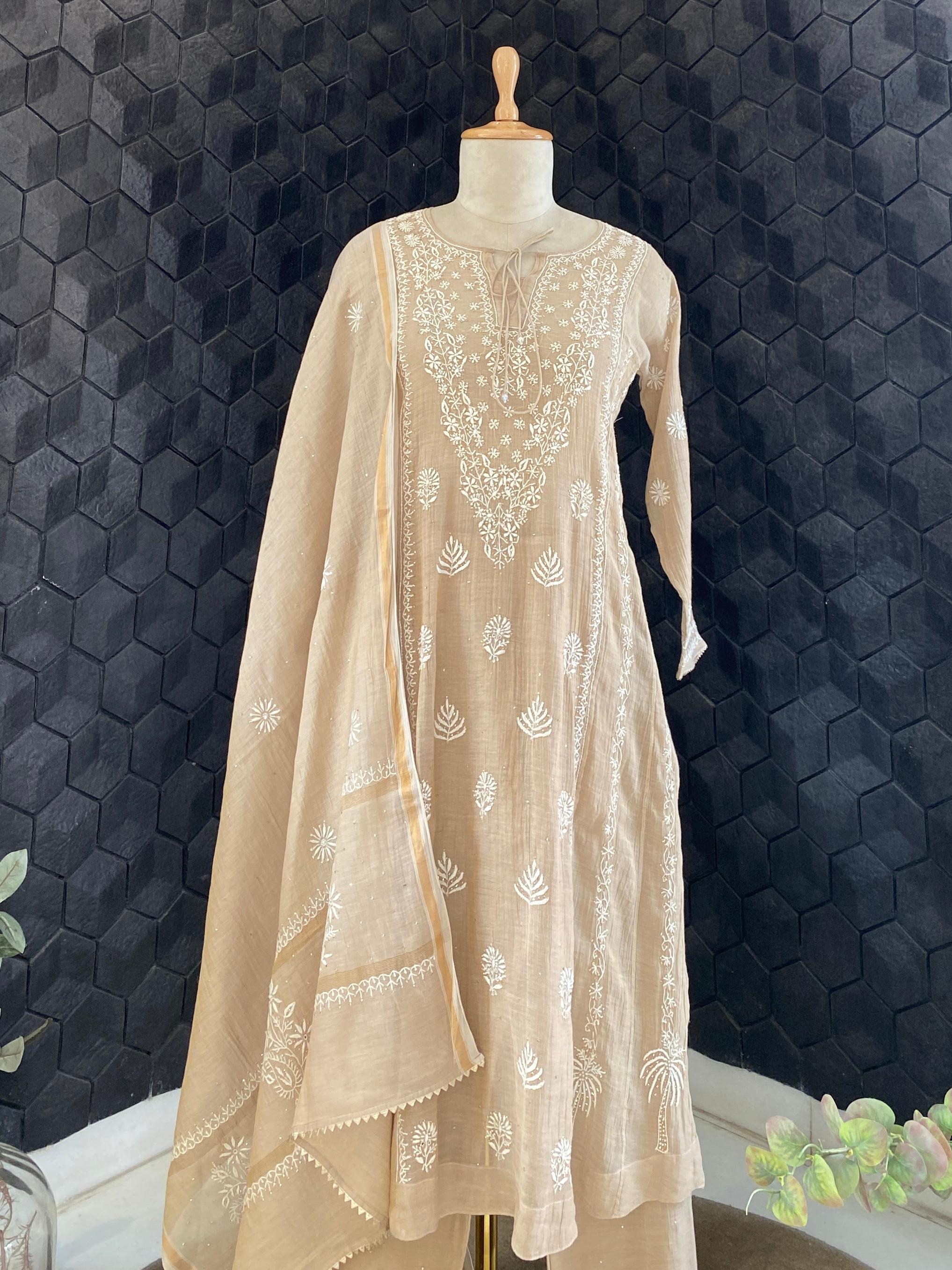 Brown tissue chikankari kurta Set