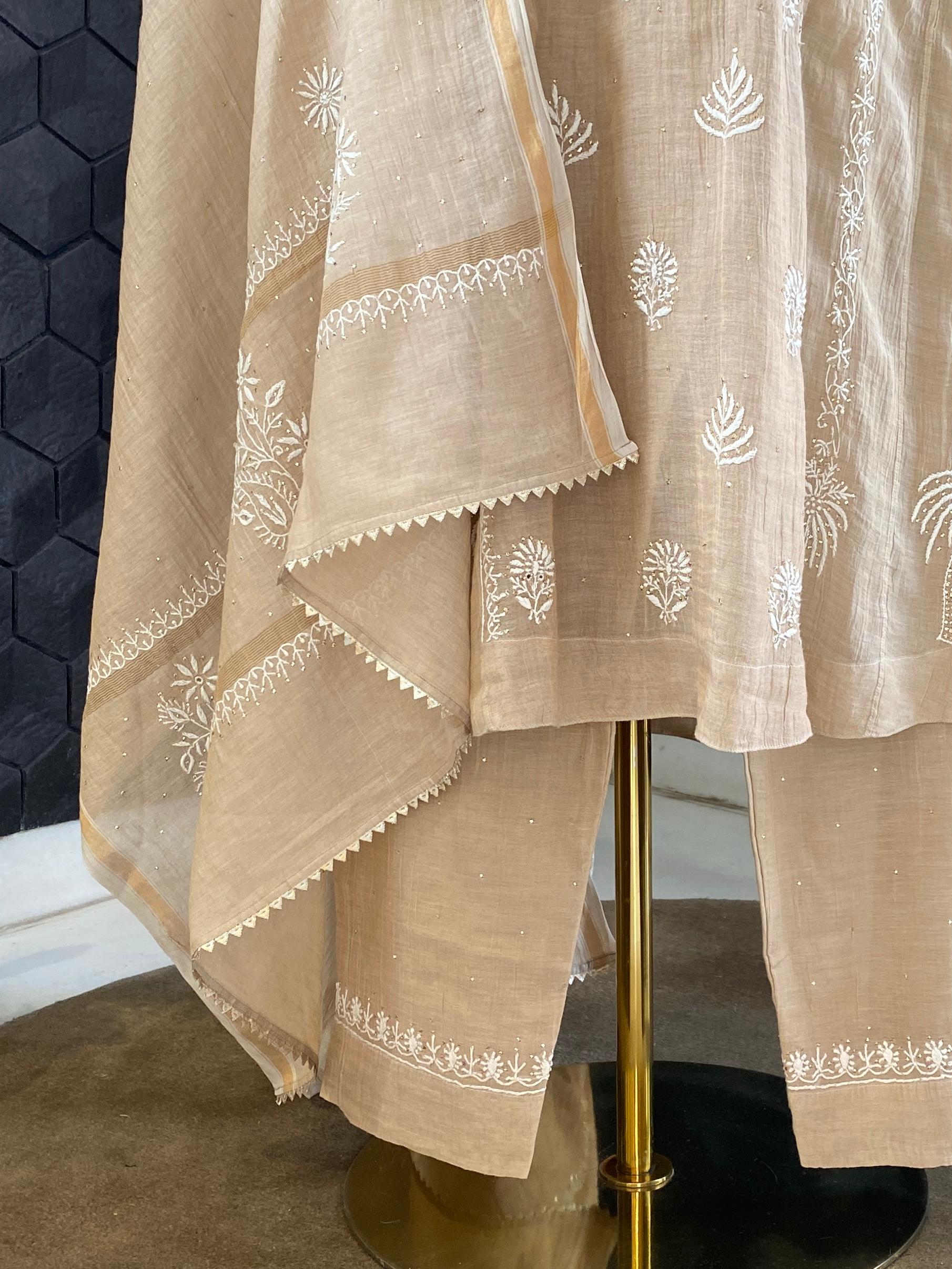Brown tissue chikankari kurta Set