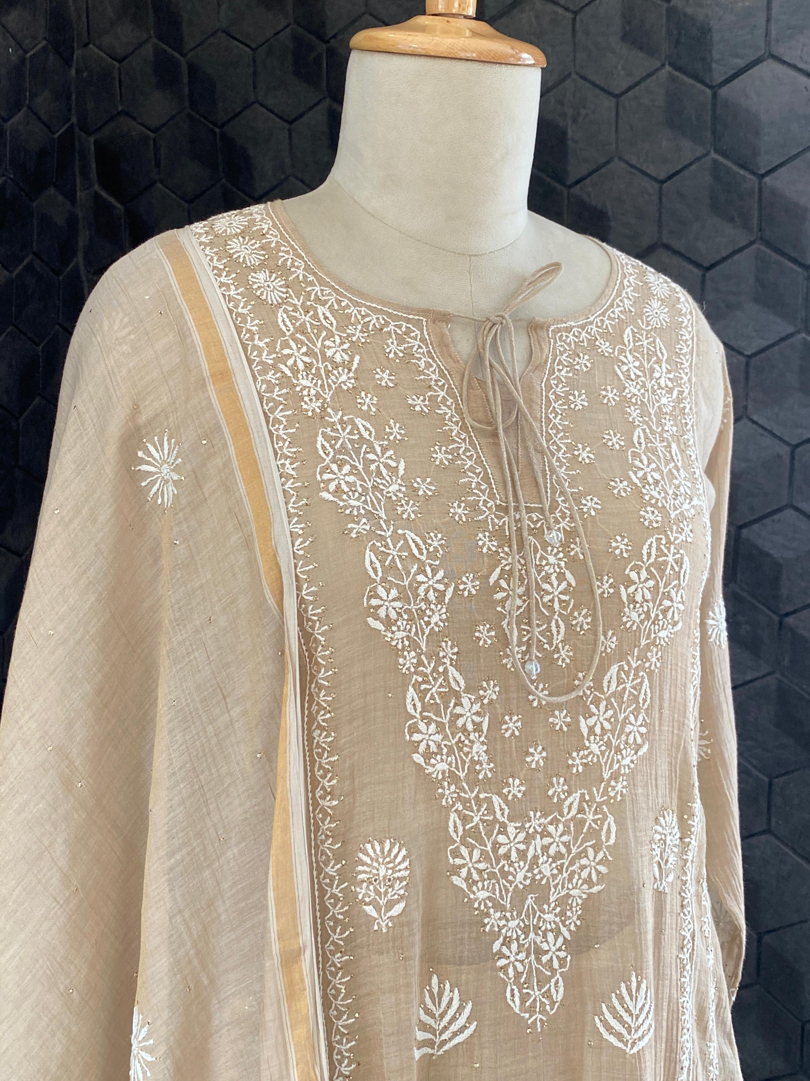 Brown tissue chikankari kurta Set