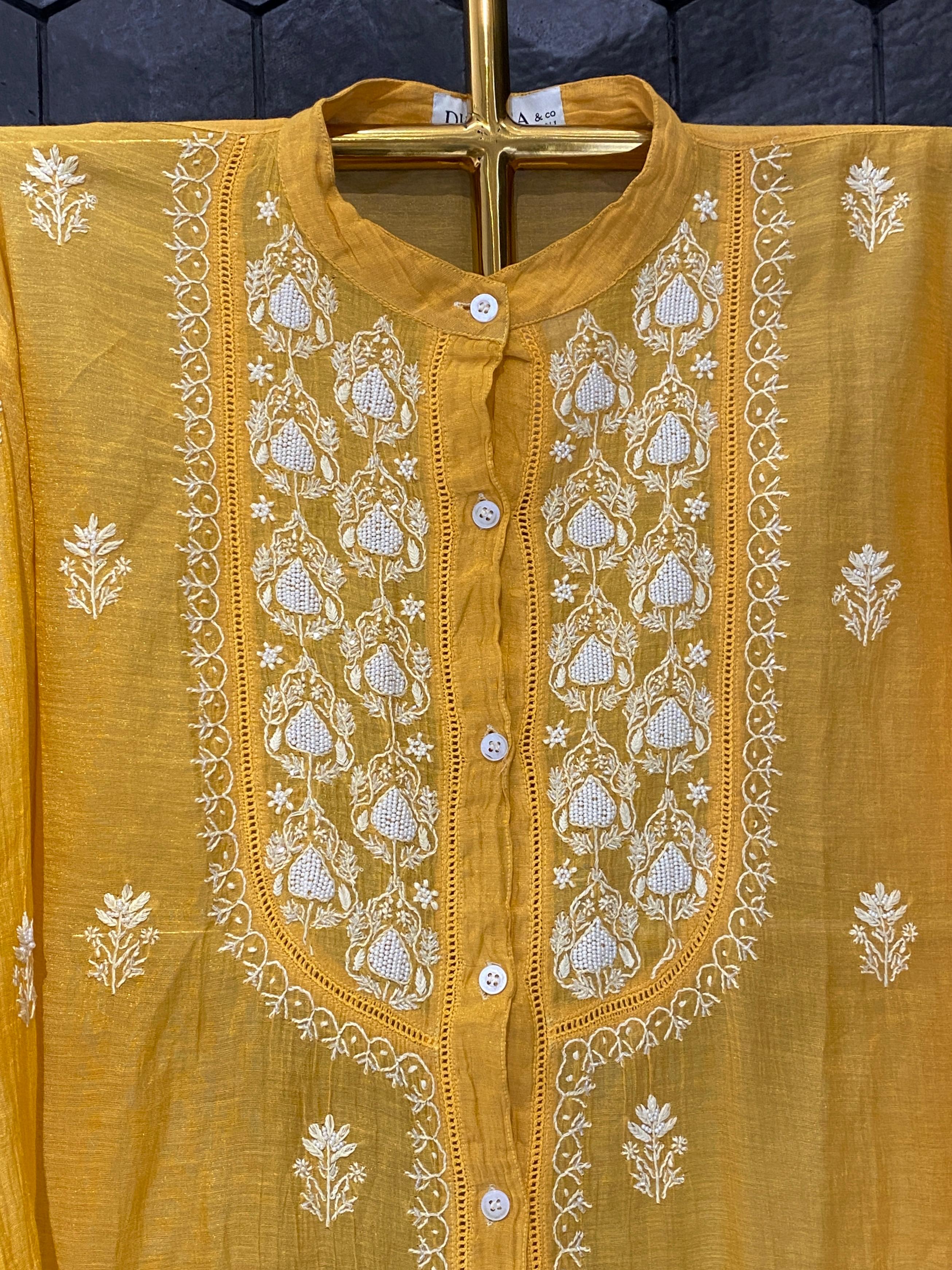 Mustard tissue chikankari co-ord set