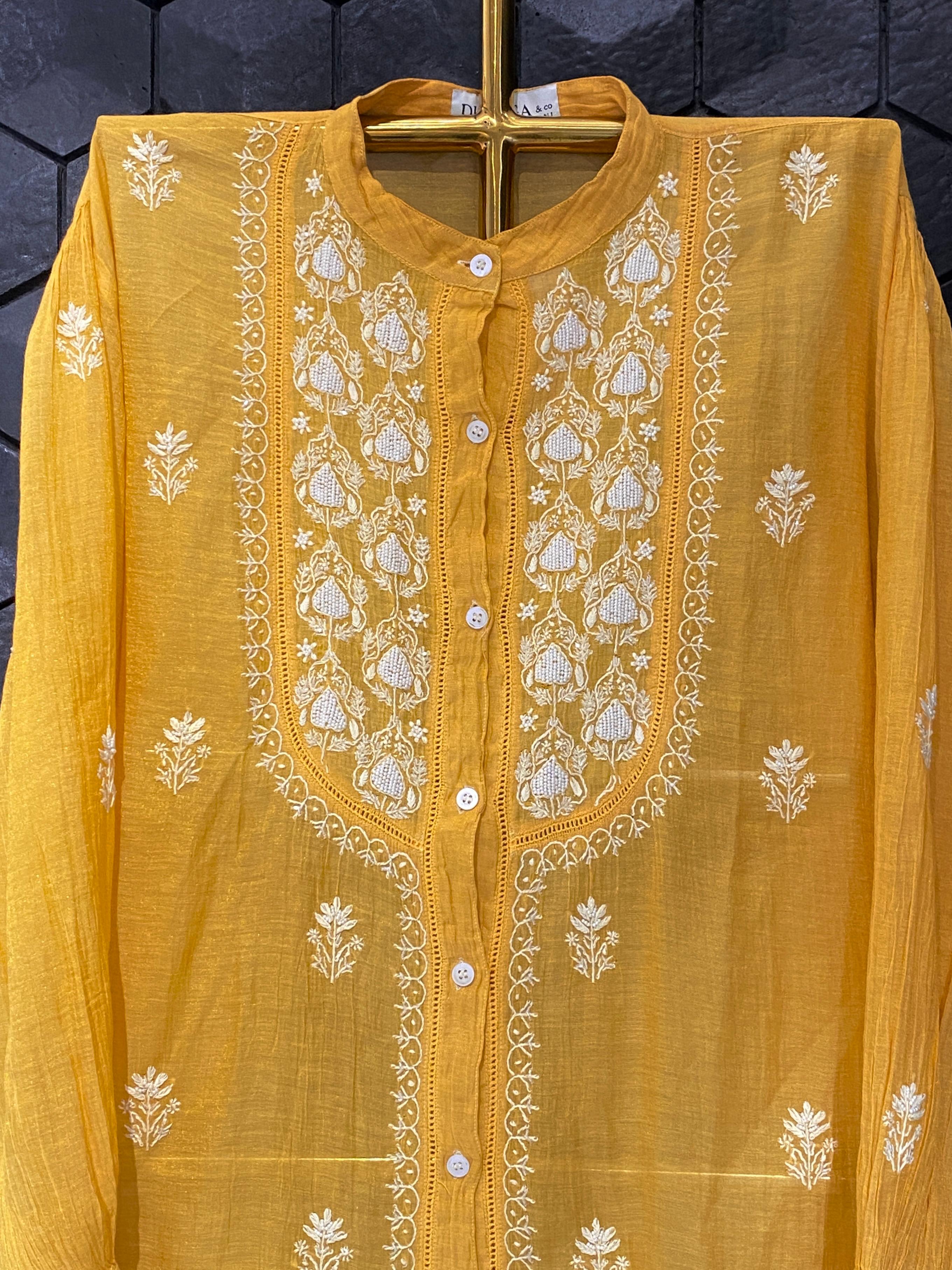 Mustard tissue chikankari co-ord set