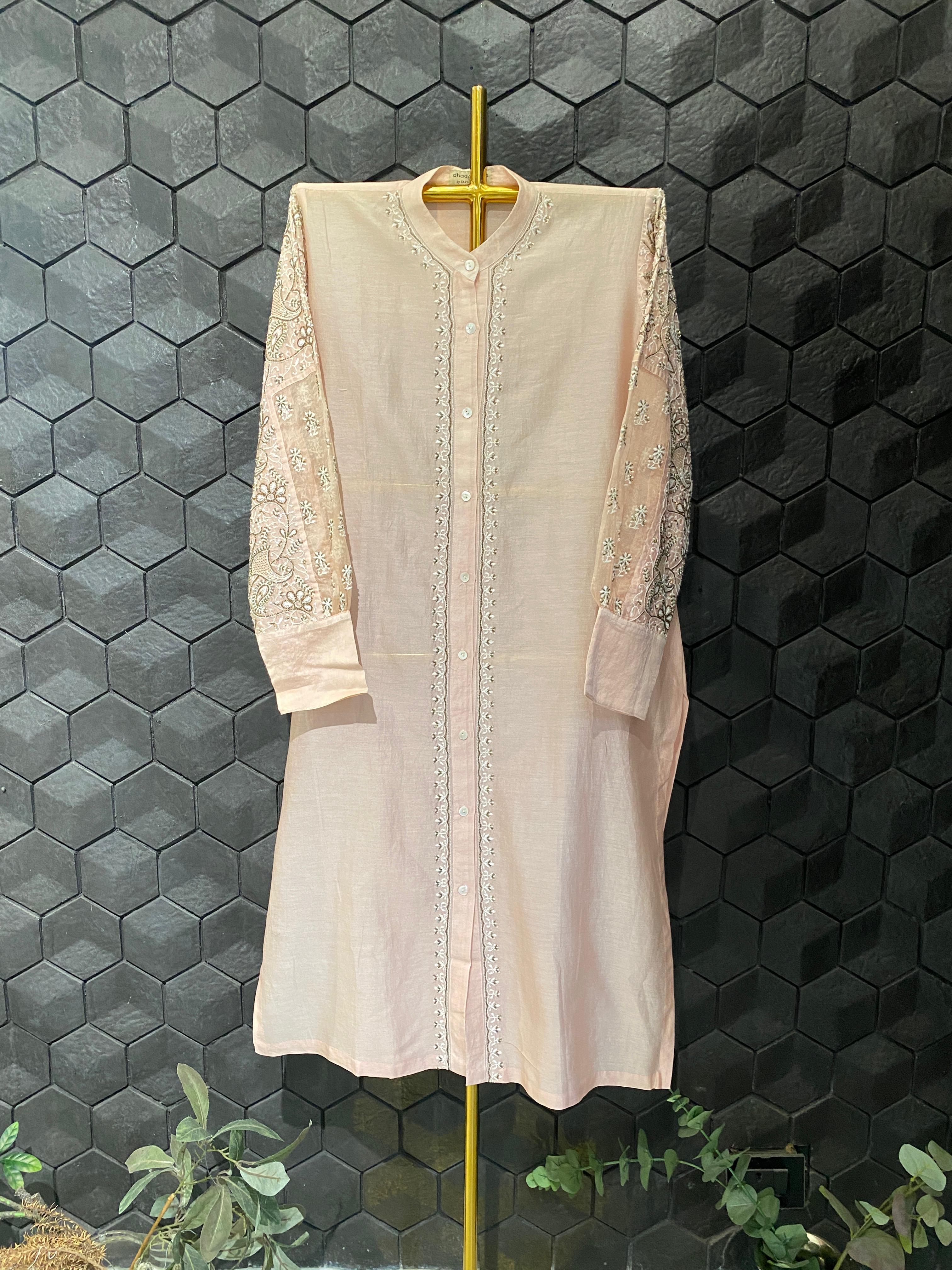 Peach chanderi chikankari long shirt