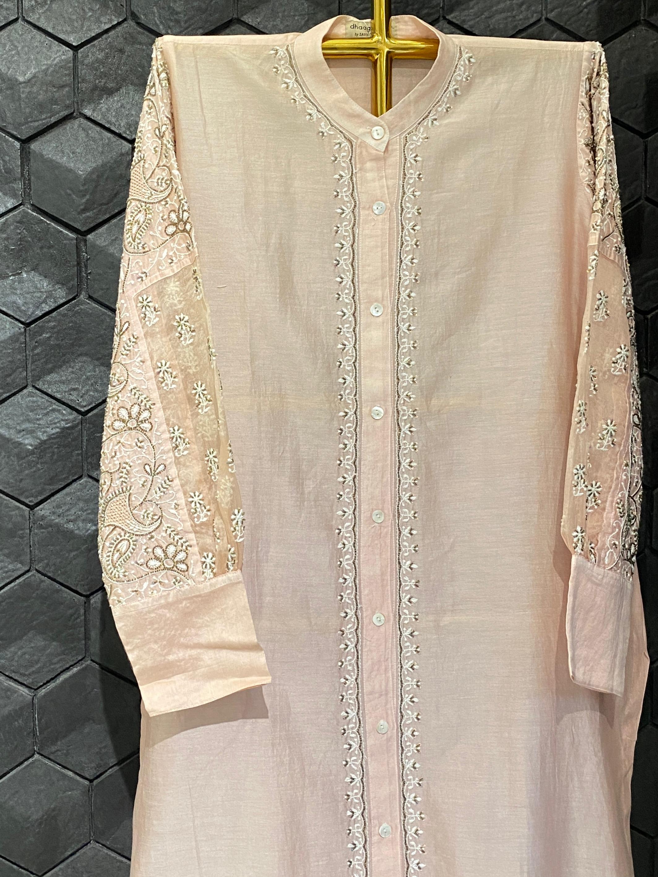 Peach chanderi chikankari long shirt