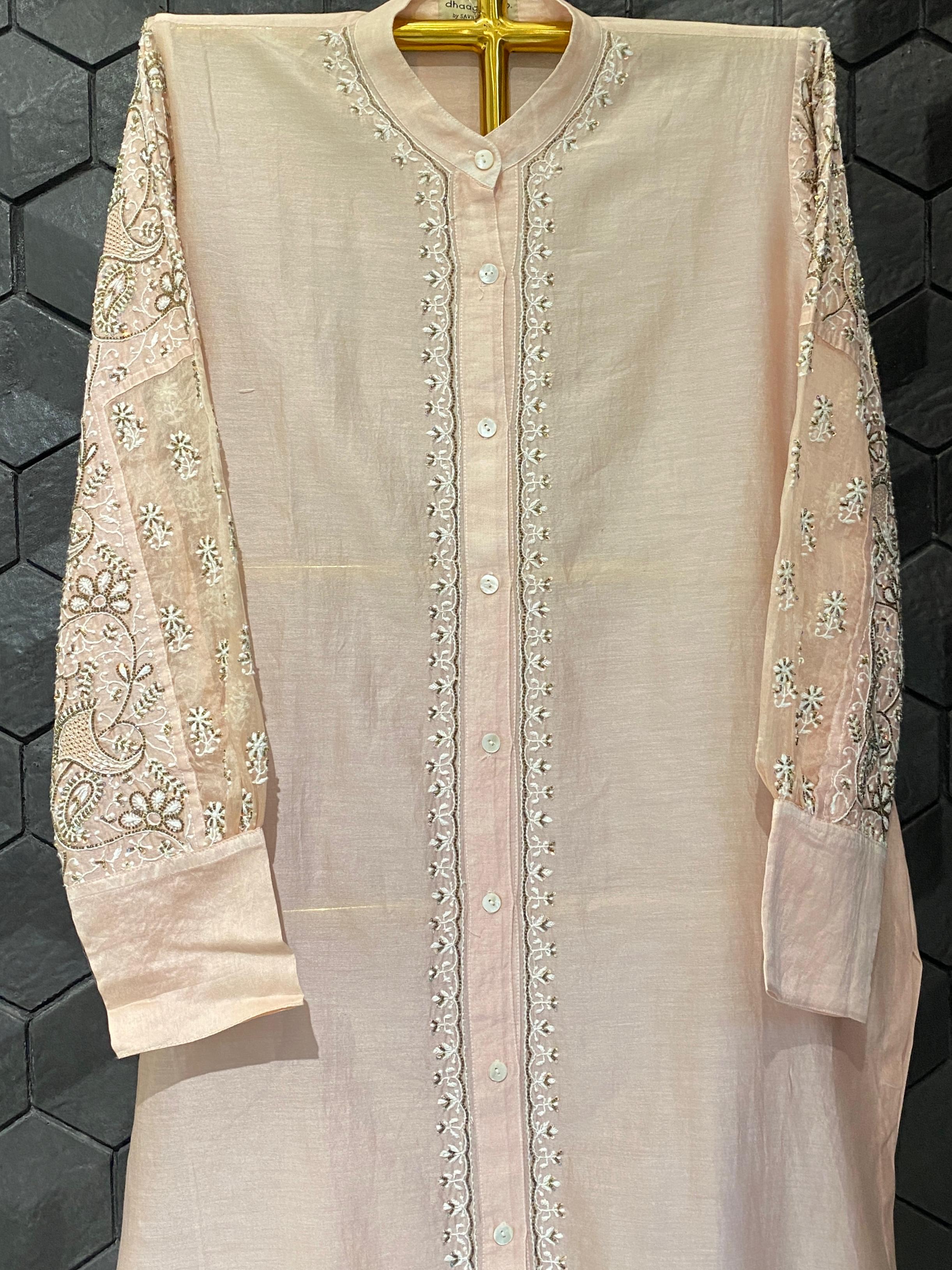 Peach chanderi chikankari long shirt