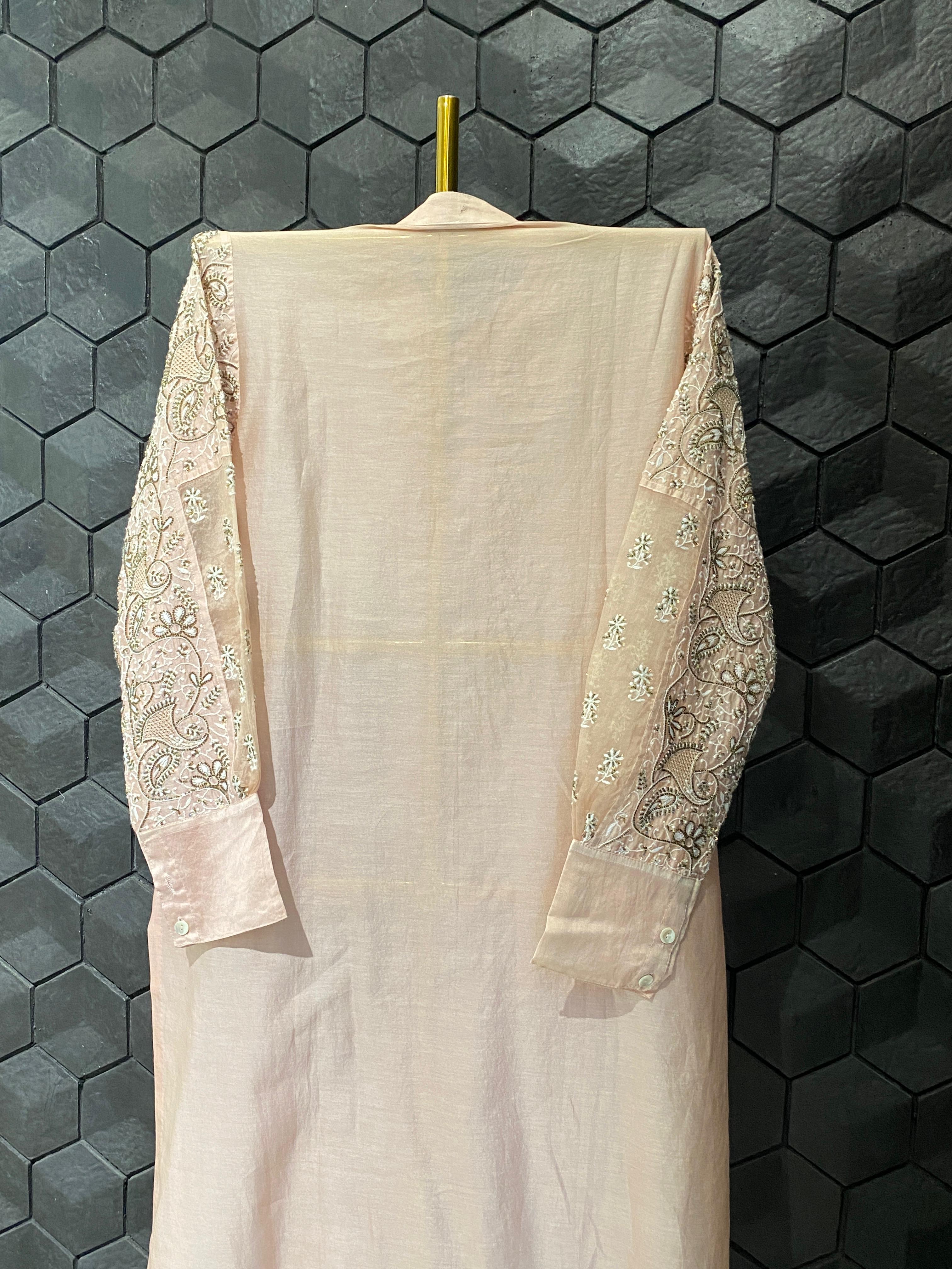 Peach chanderi chikankari long shirt