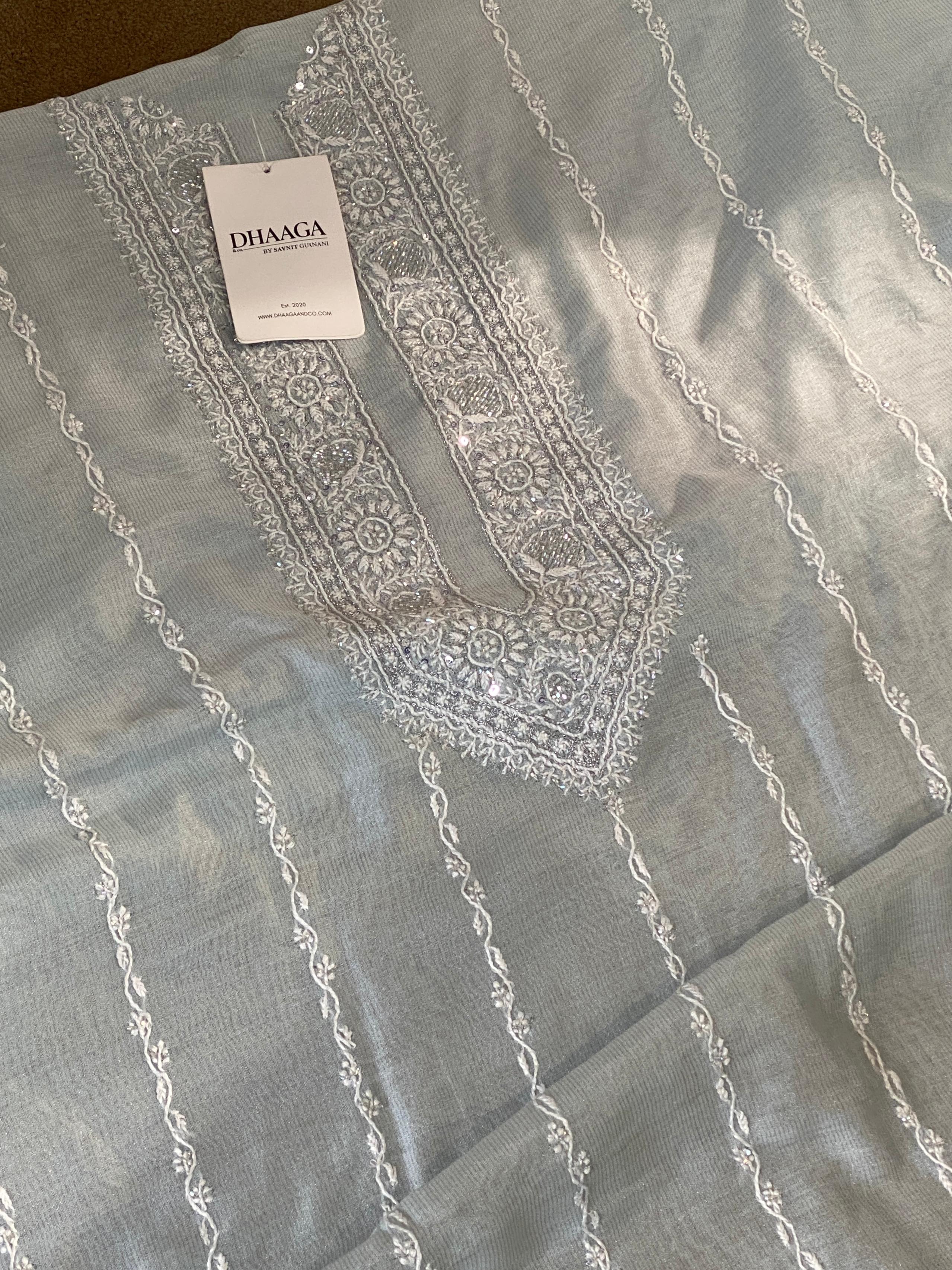 Sky blue tissue chikankari men kurta