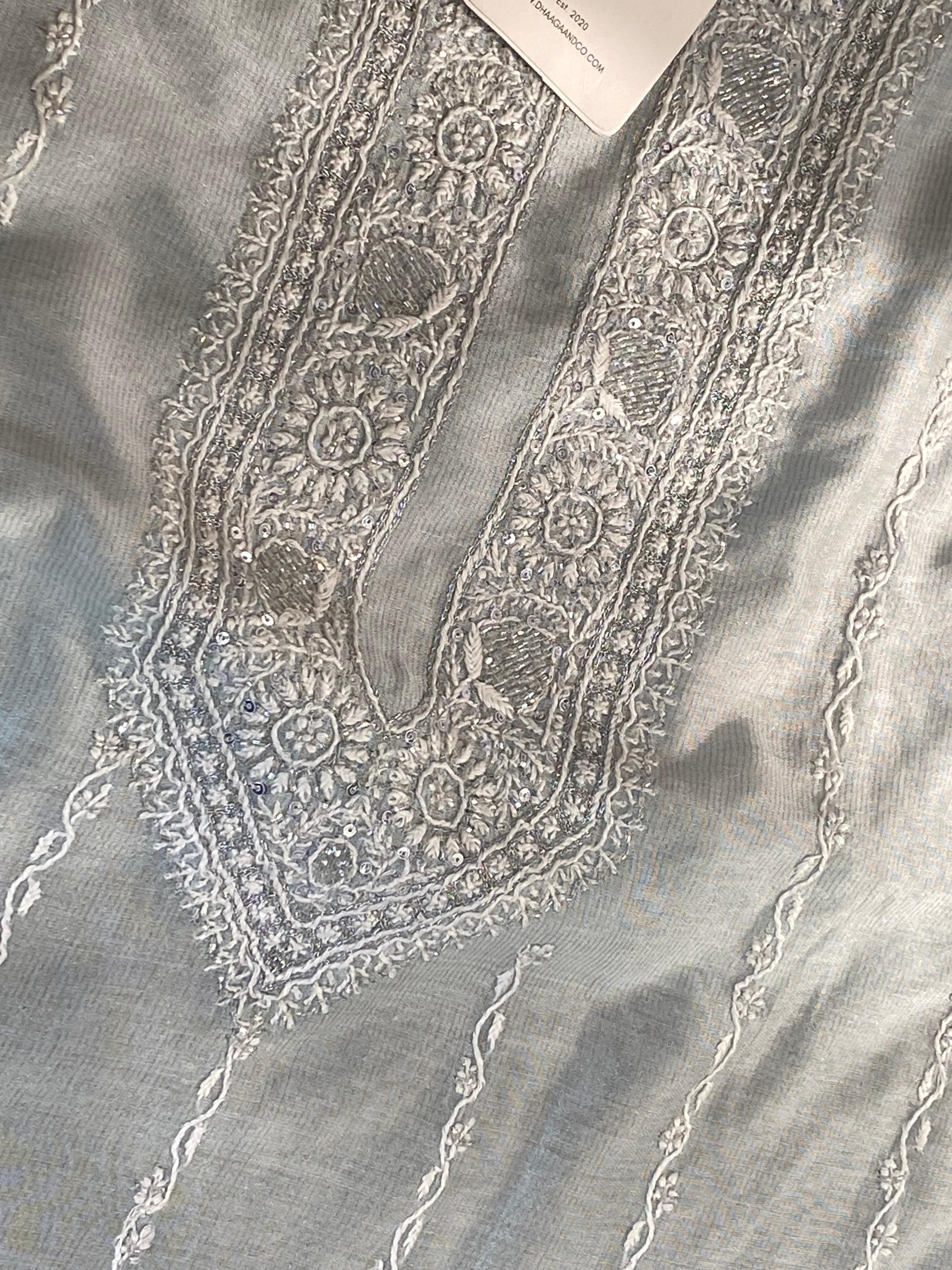 Sky blue tissue chikankari men kurta
