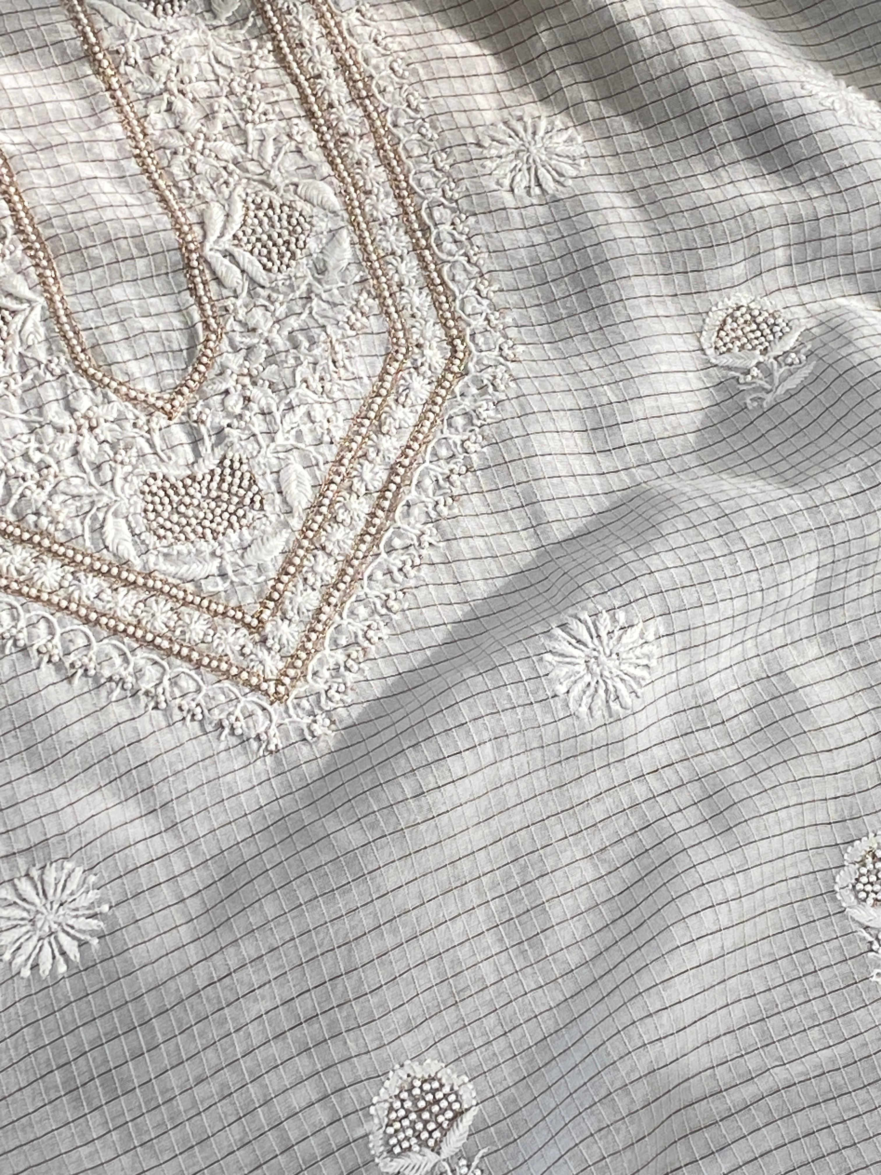 White CHANDERI ZARI CHECKS MENS KURTA