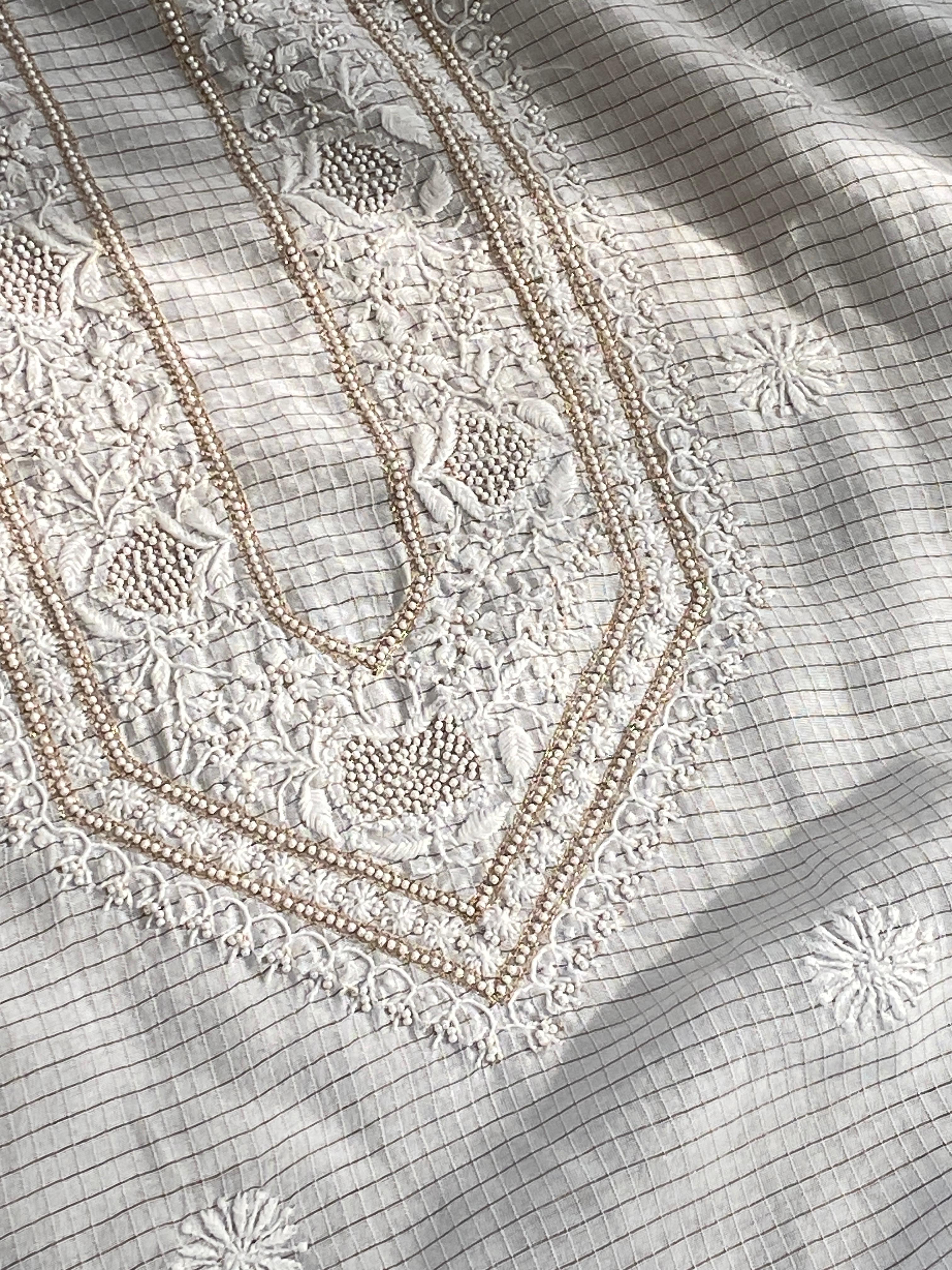 White CHANDERI ZARI CHECKS MENS KURTA