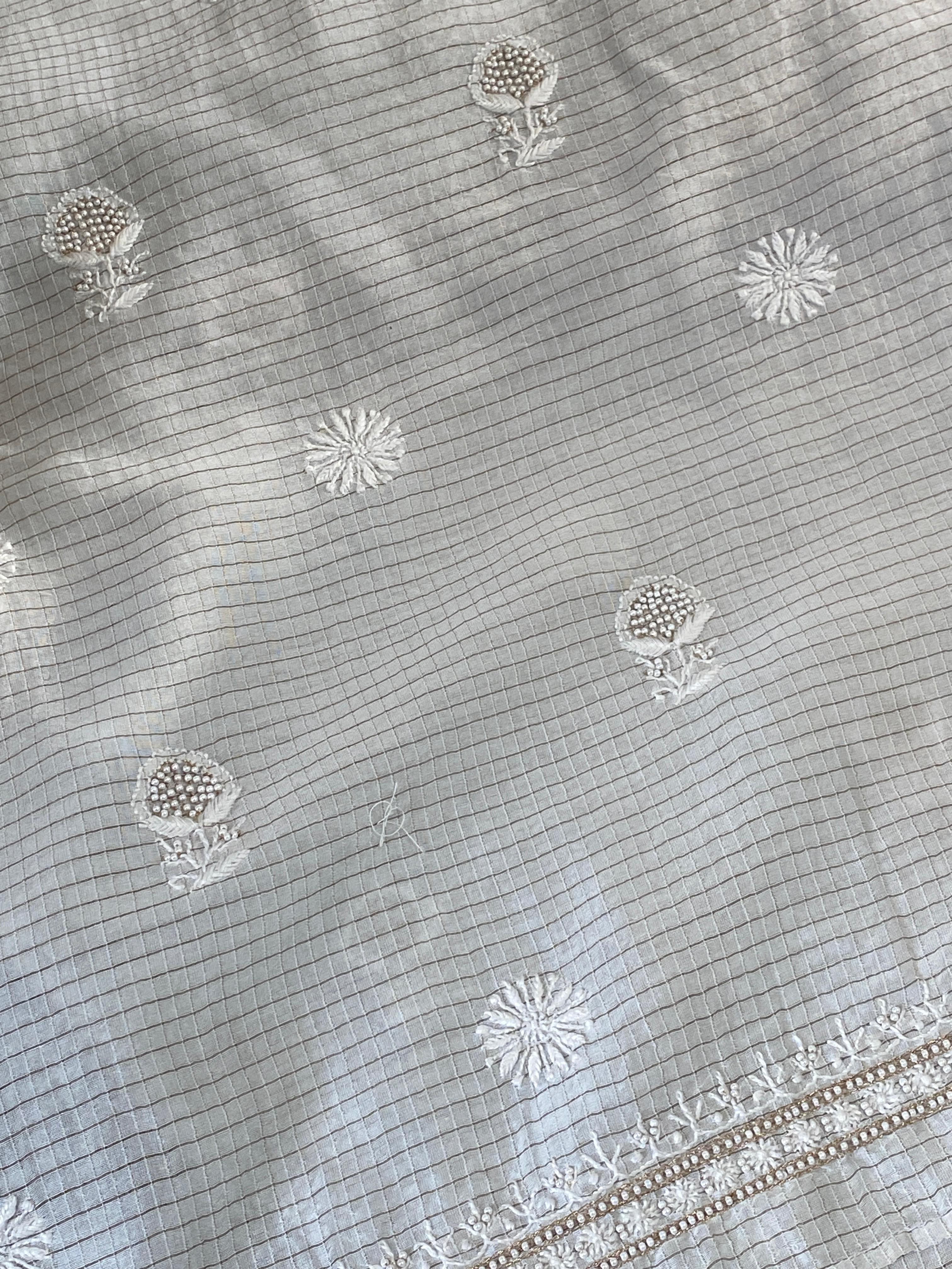 White CHANDERI ZARI CHECKS MENS KURTA