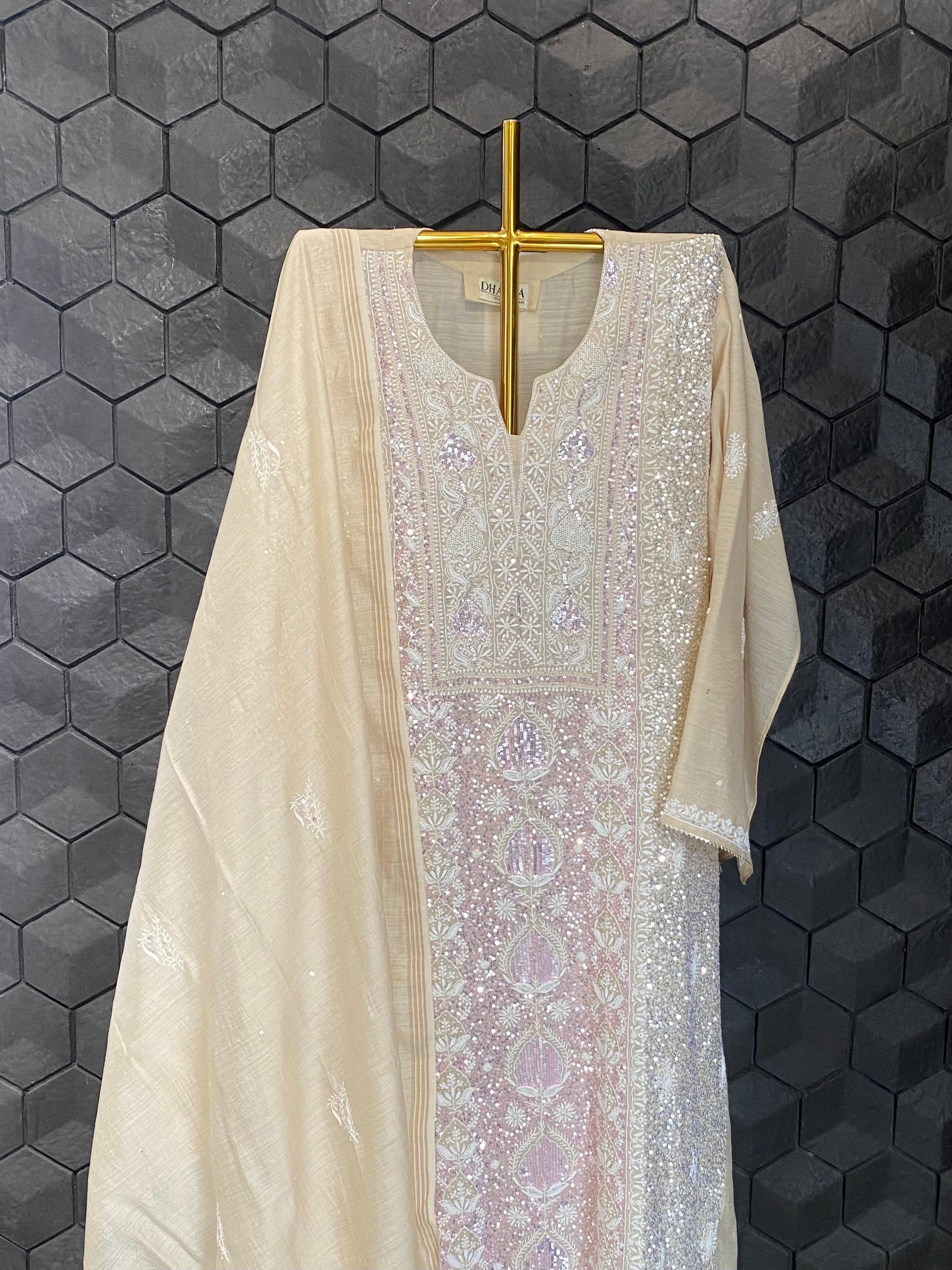 Beige munga silk chikankari kurta set