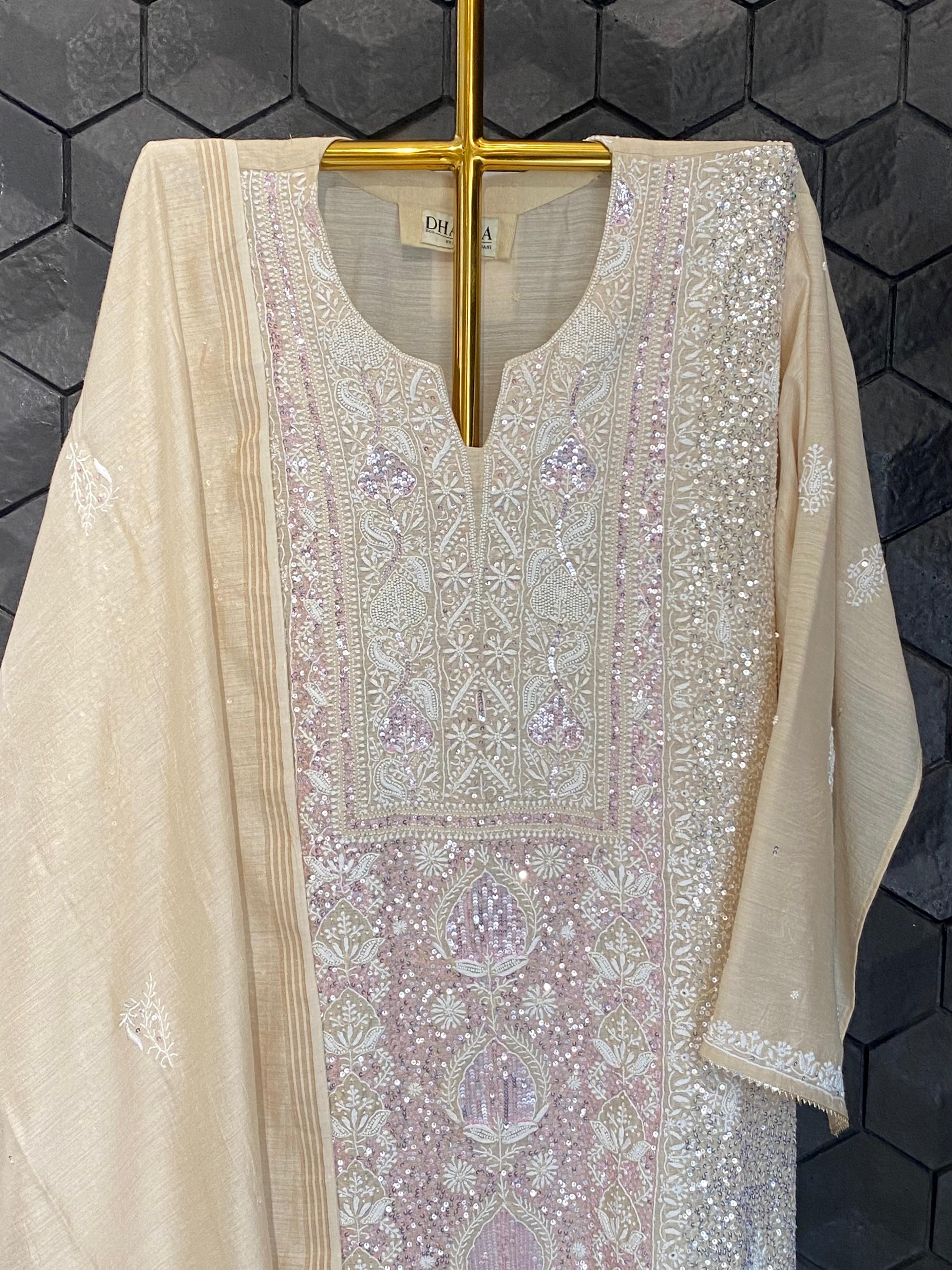 Beige munga silk chikankari kurta set