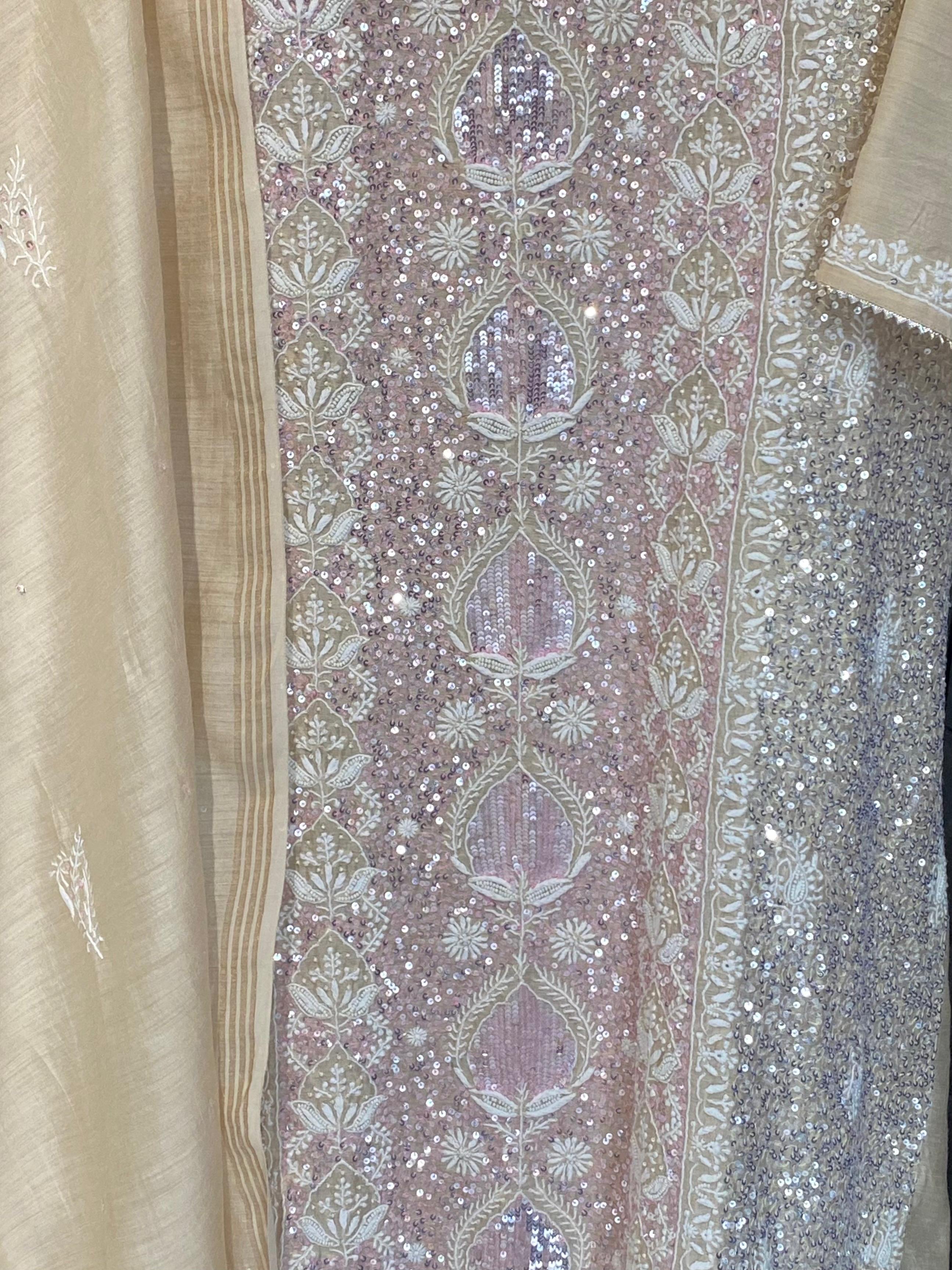 Beige munga silk chikankari kurta set