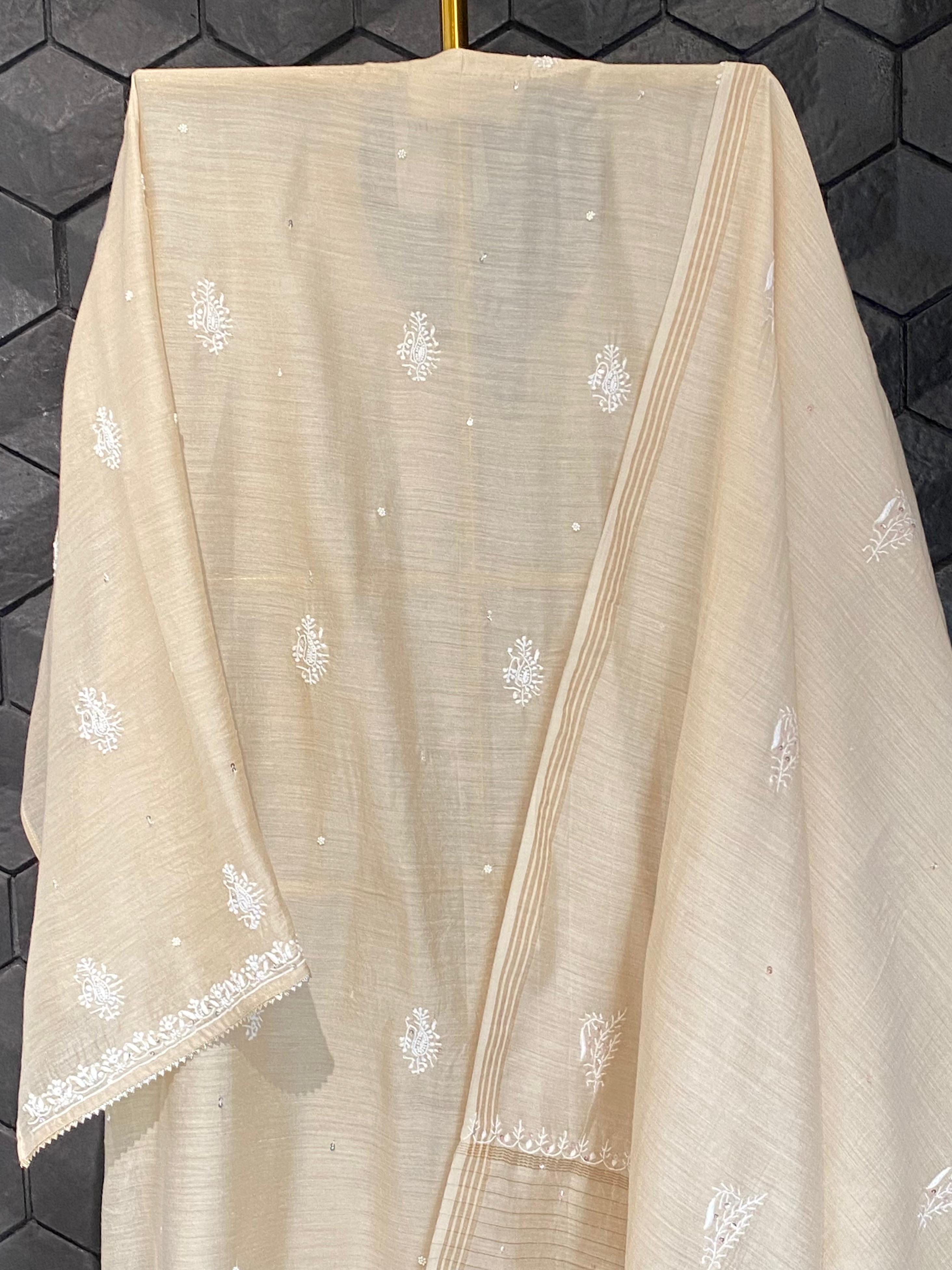 Beige munga silk chikankari kurta set