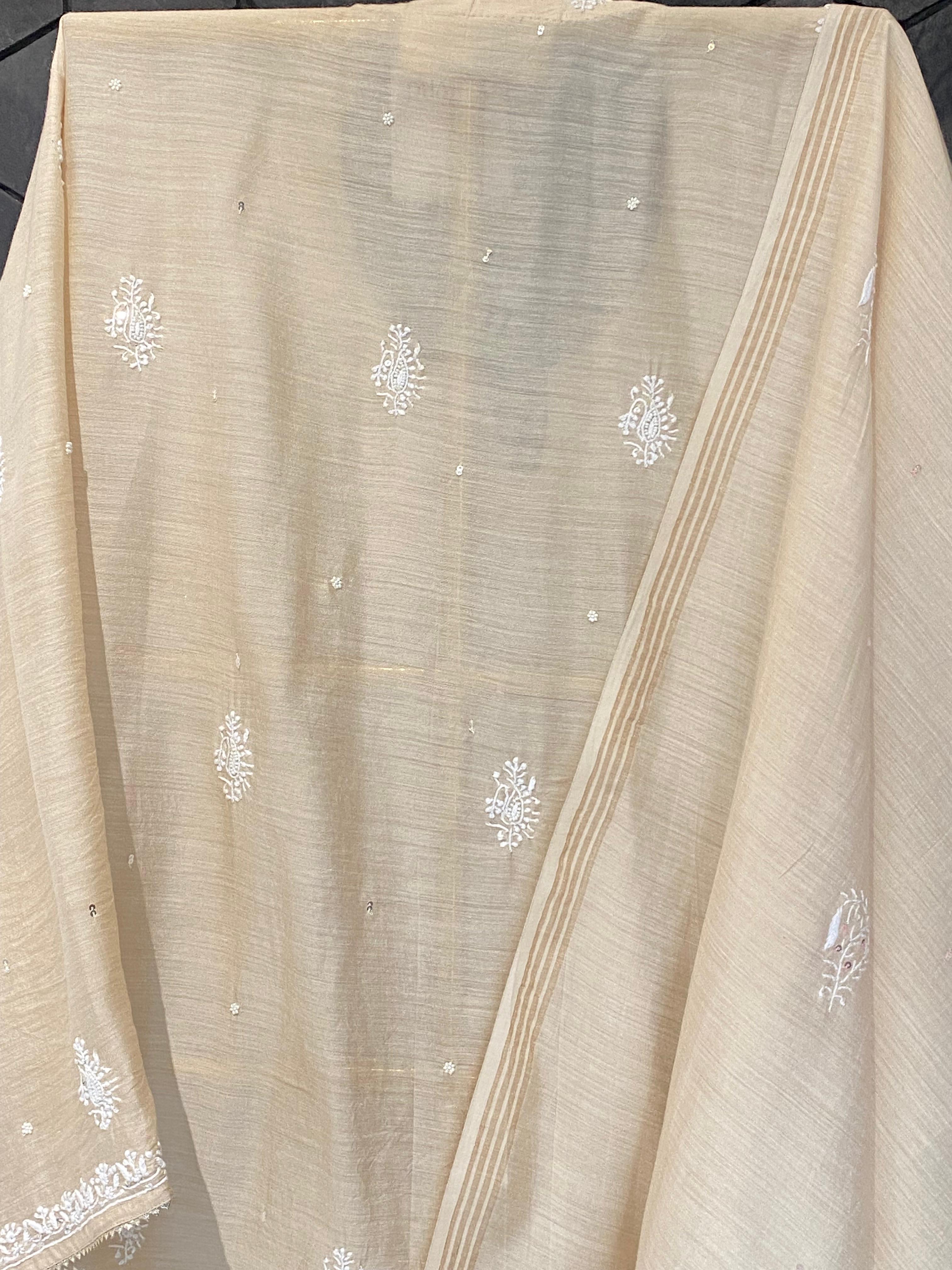 Beige munga silk chikankari kurta set