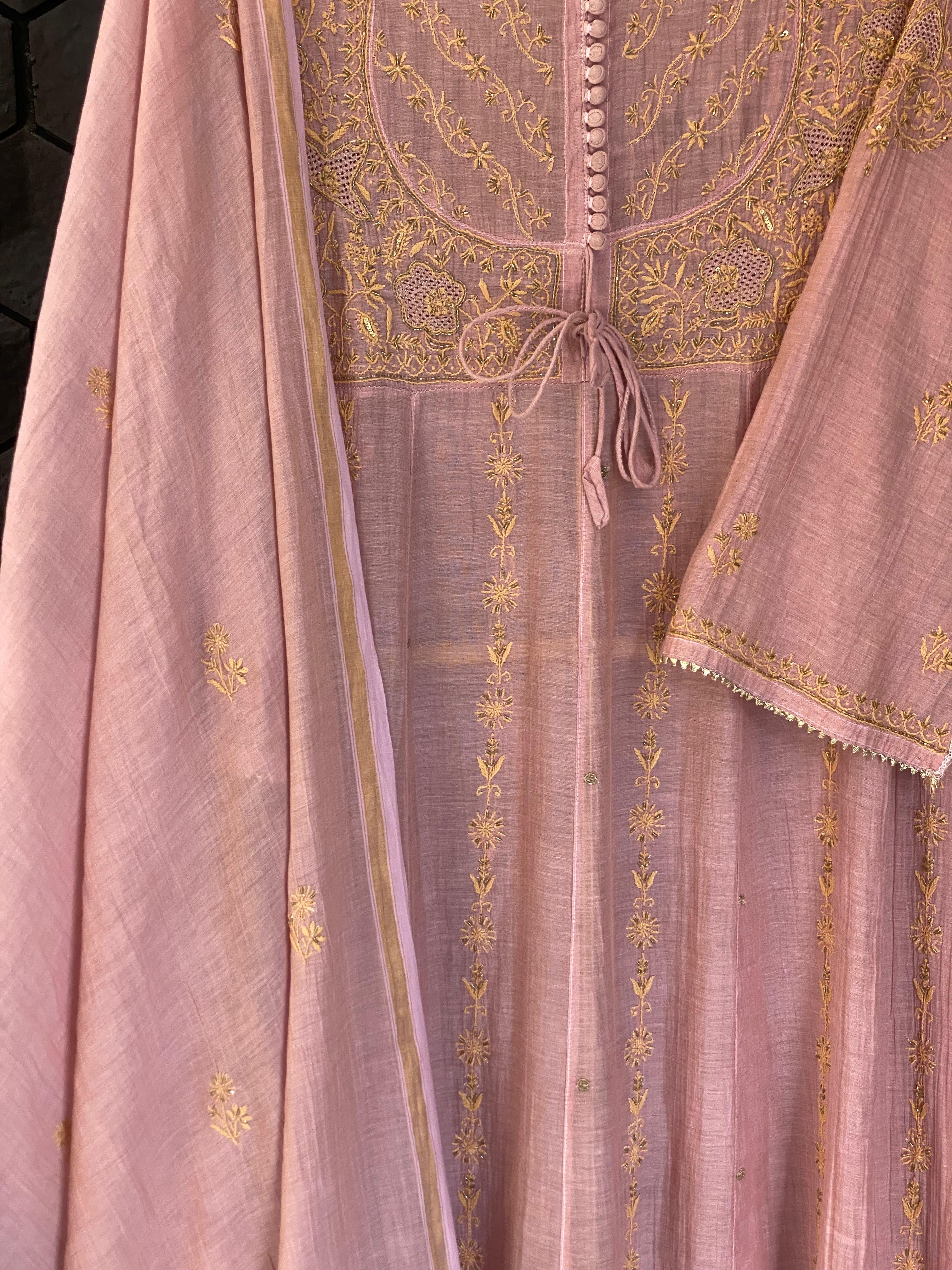 Pink tissue chikankari anarkali set