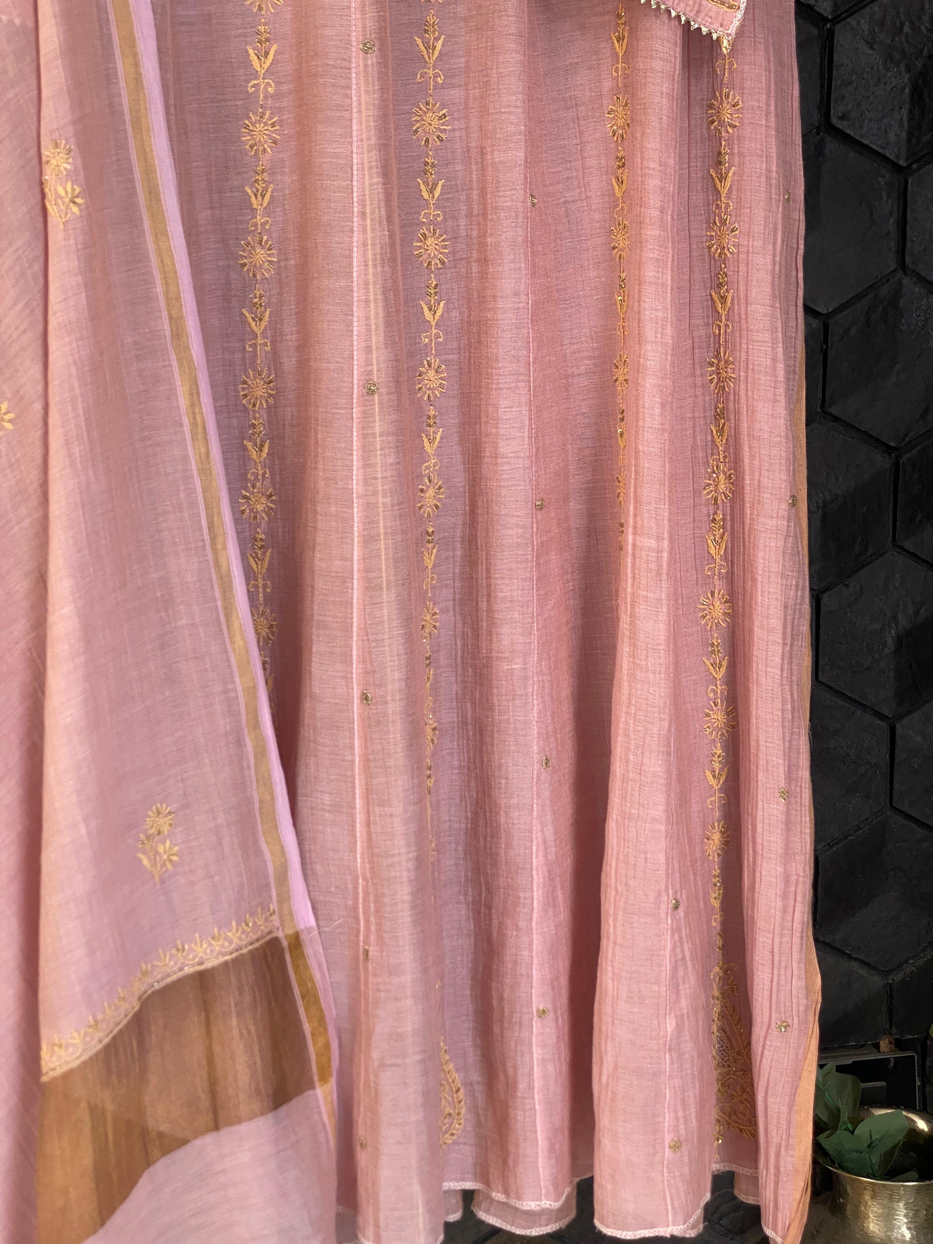 Pink tissue chikankari anarkali set