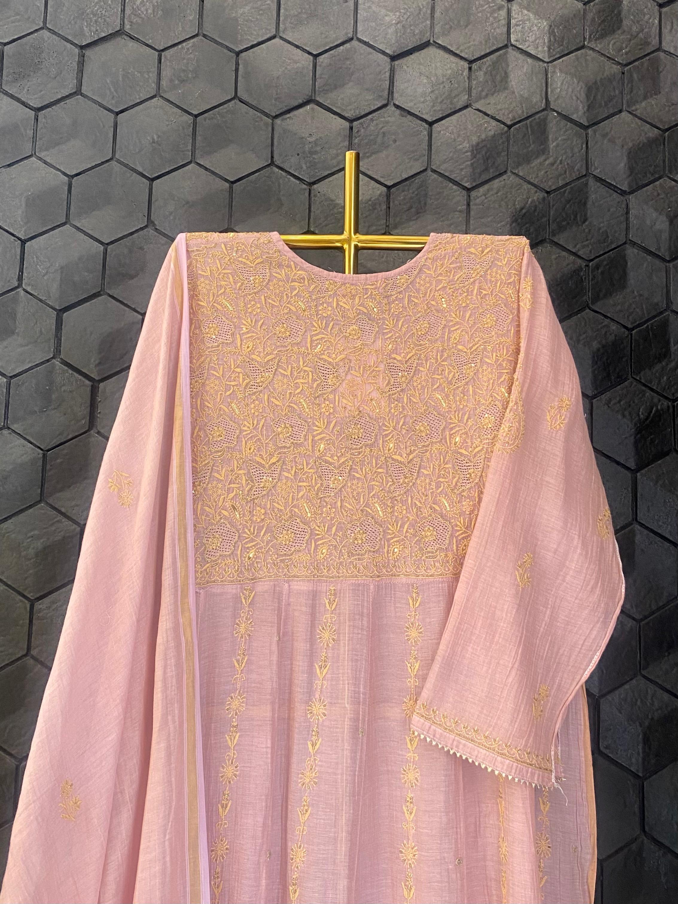 Pink tissue chikankari anarkali set