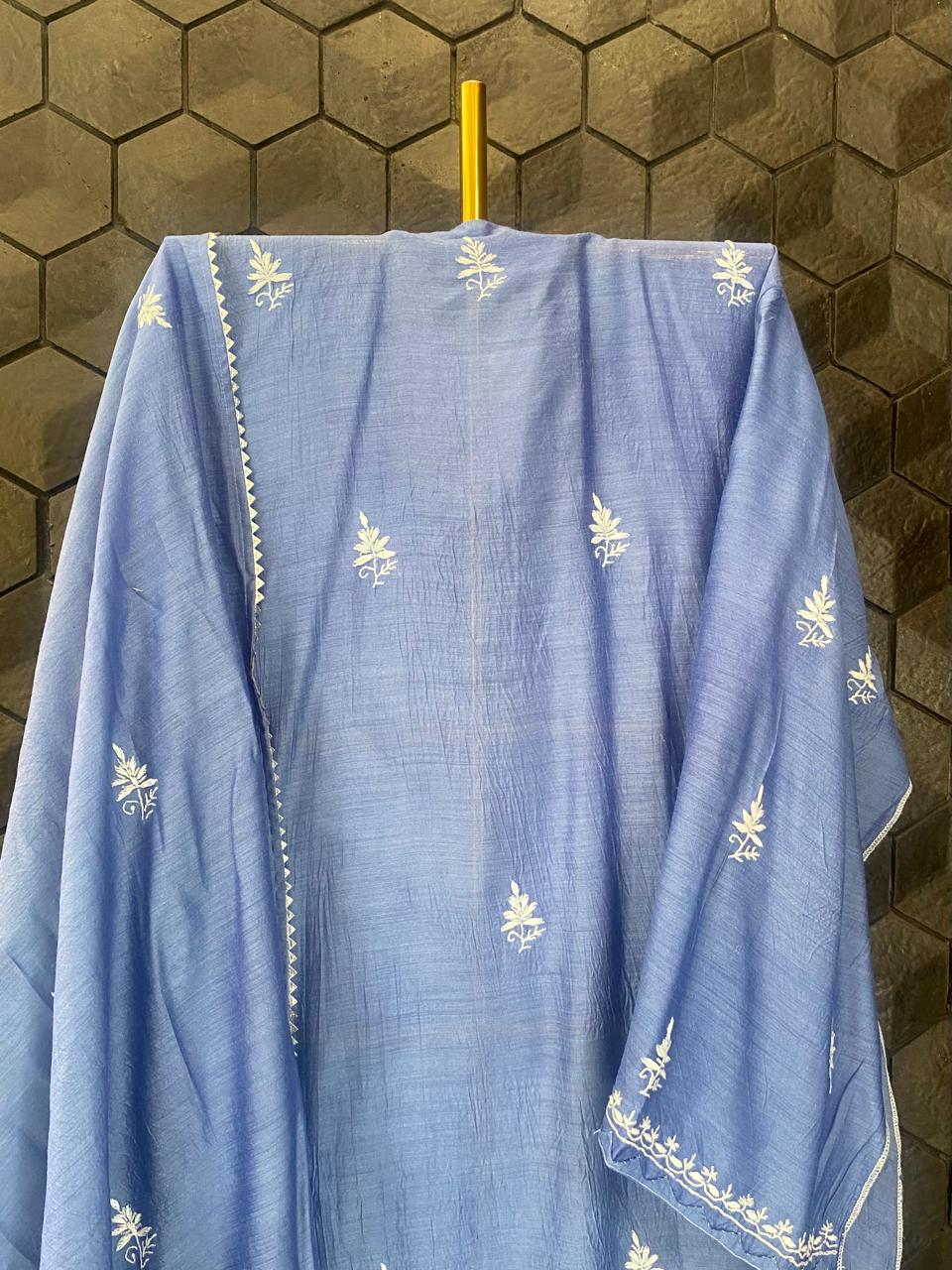 Blue munga silk chikankari kurta set