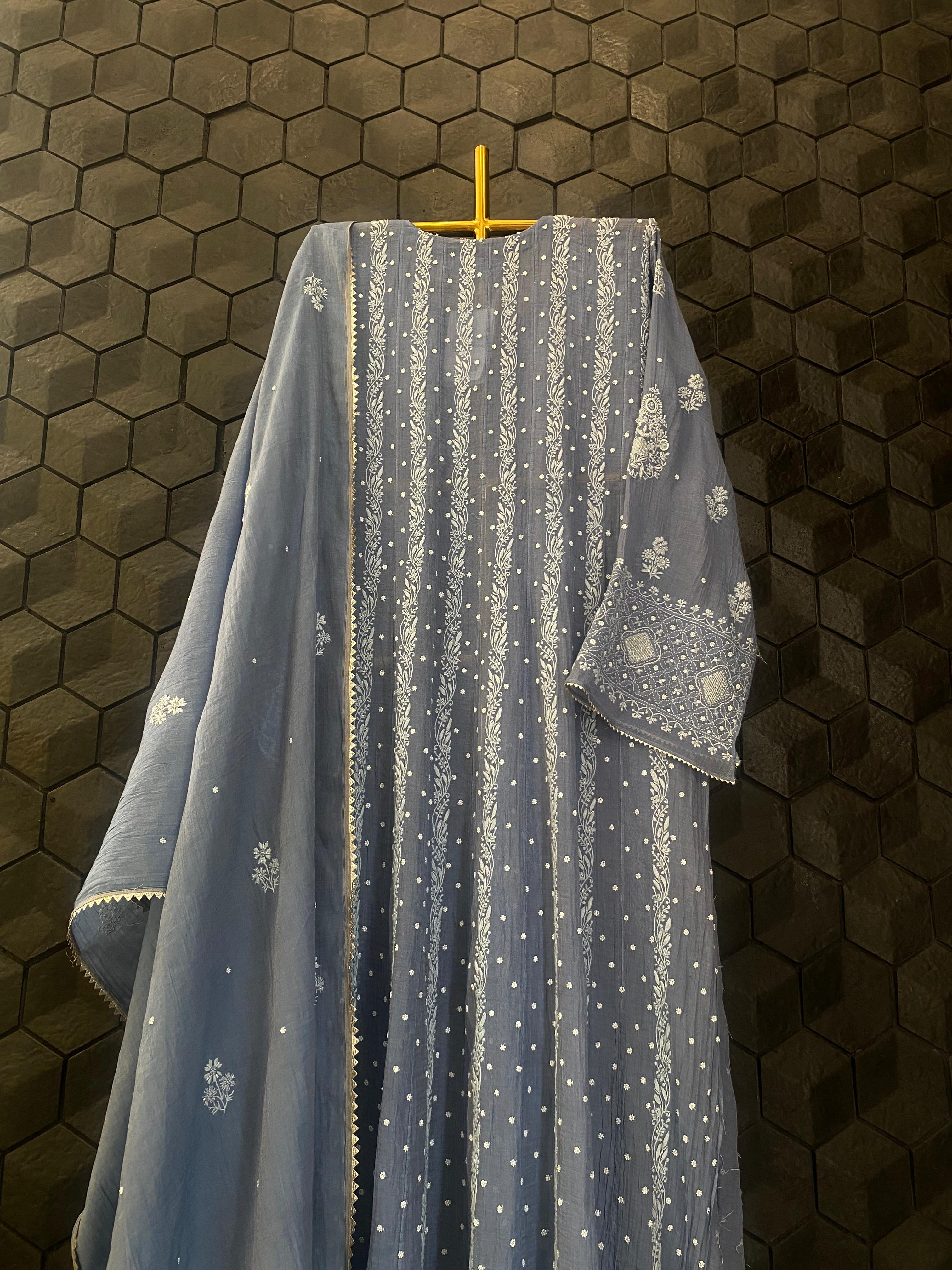 Cobalt Blue tissue chikankari Anarkali set