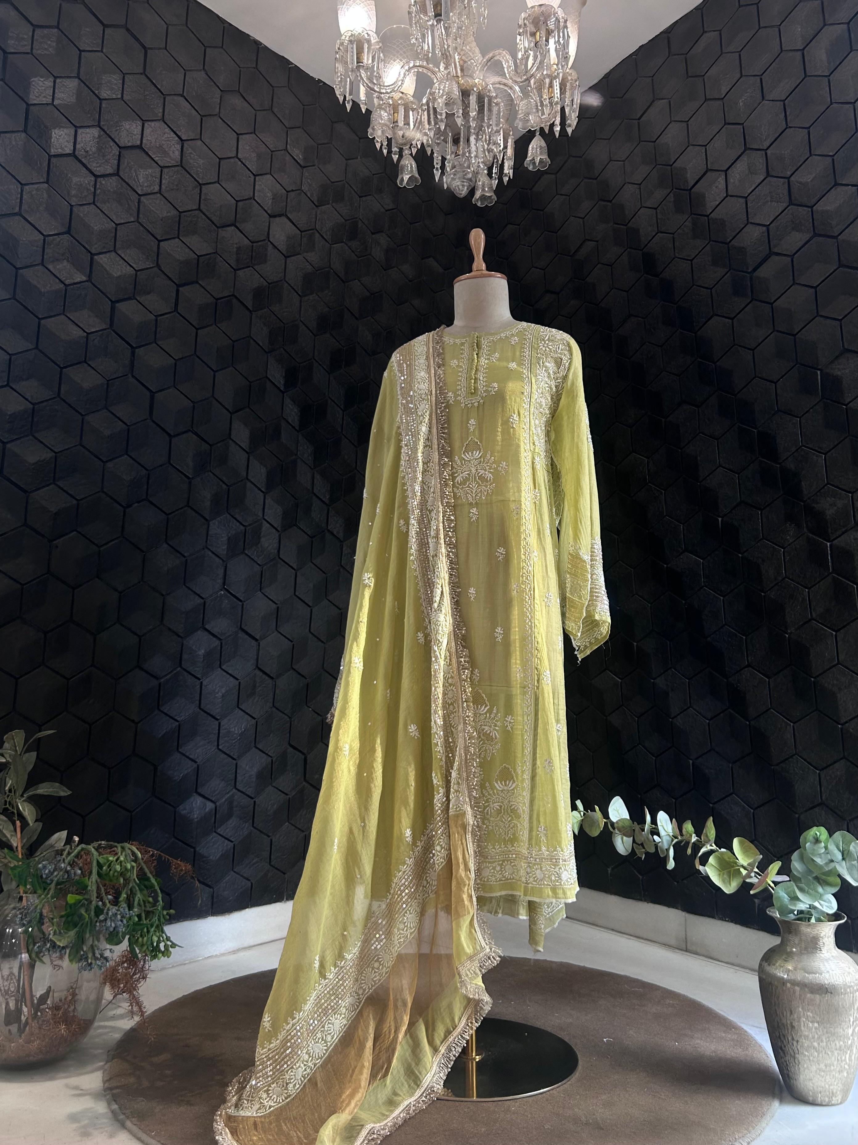 Lime green tissue chikankari kurta set