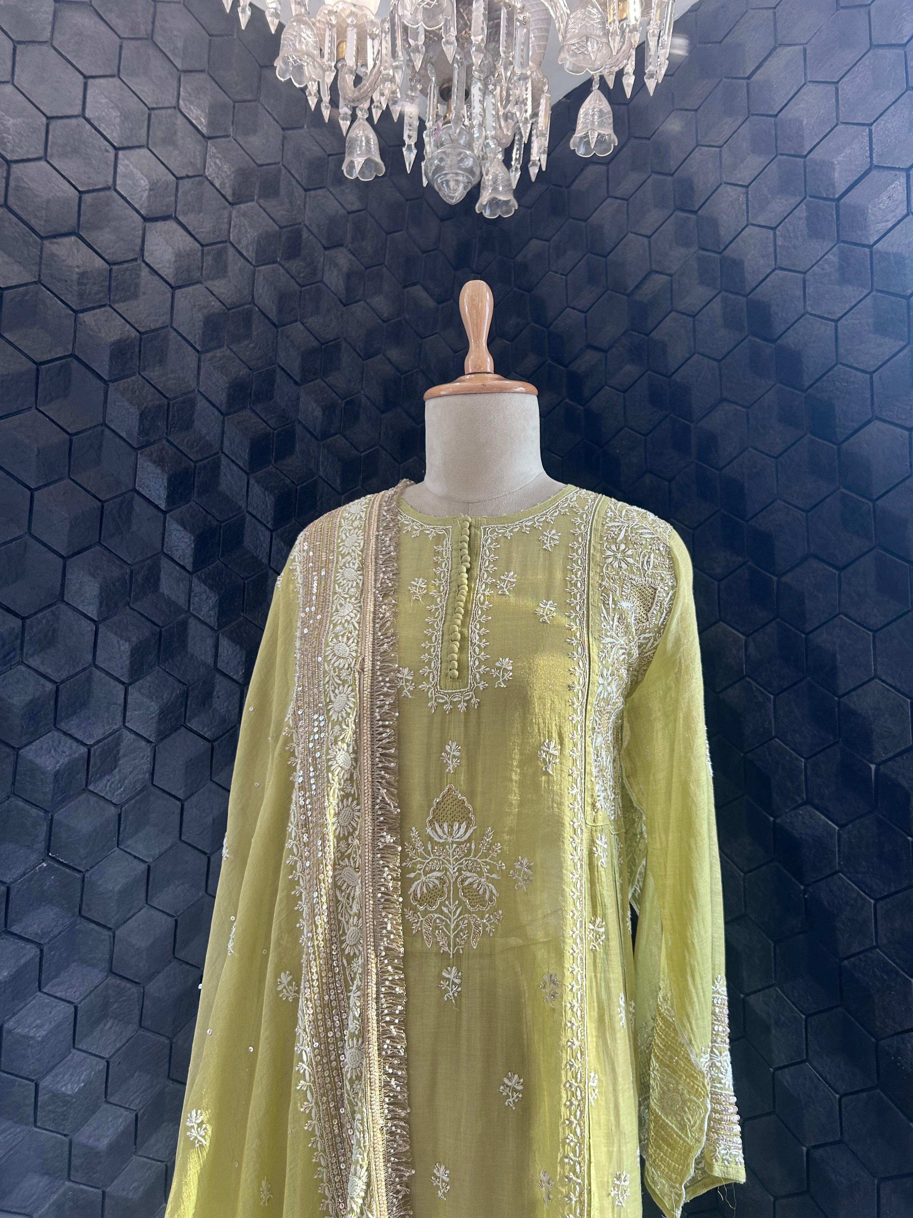 Lime green tissue chikankari kurta set