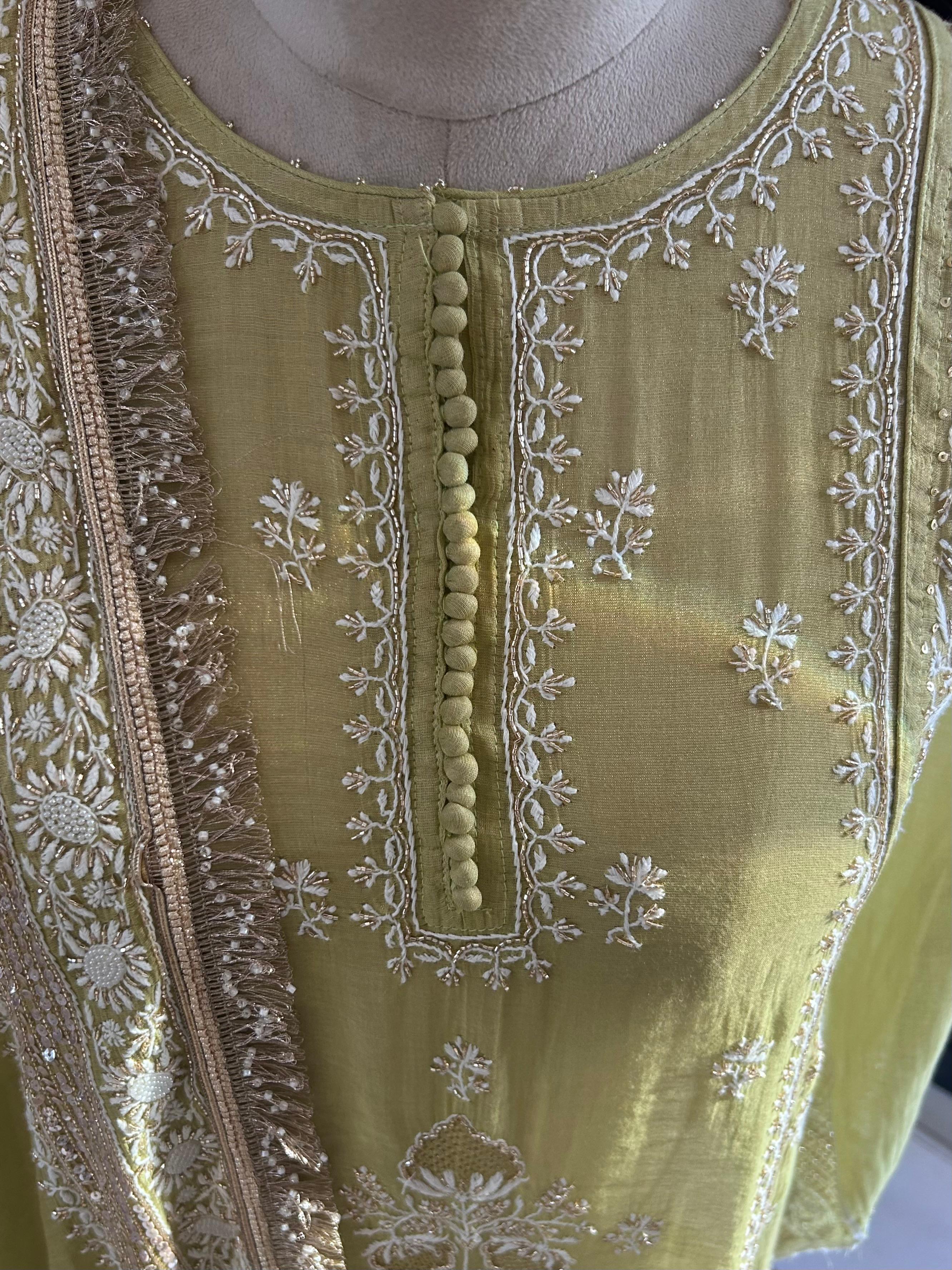 Lime green tissue chikankari kurta set