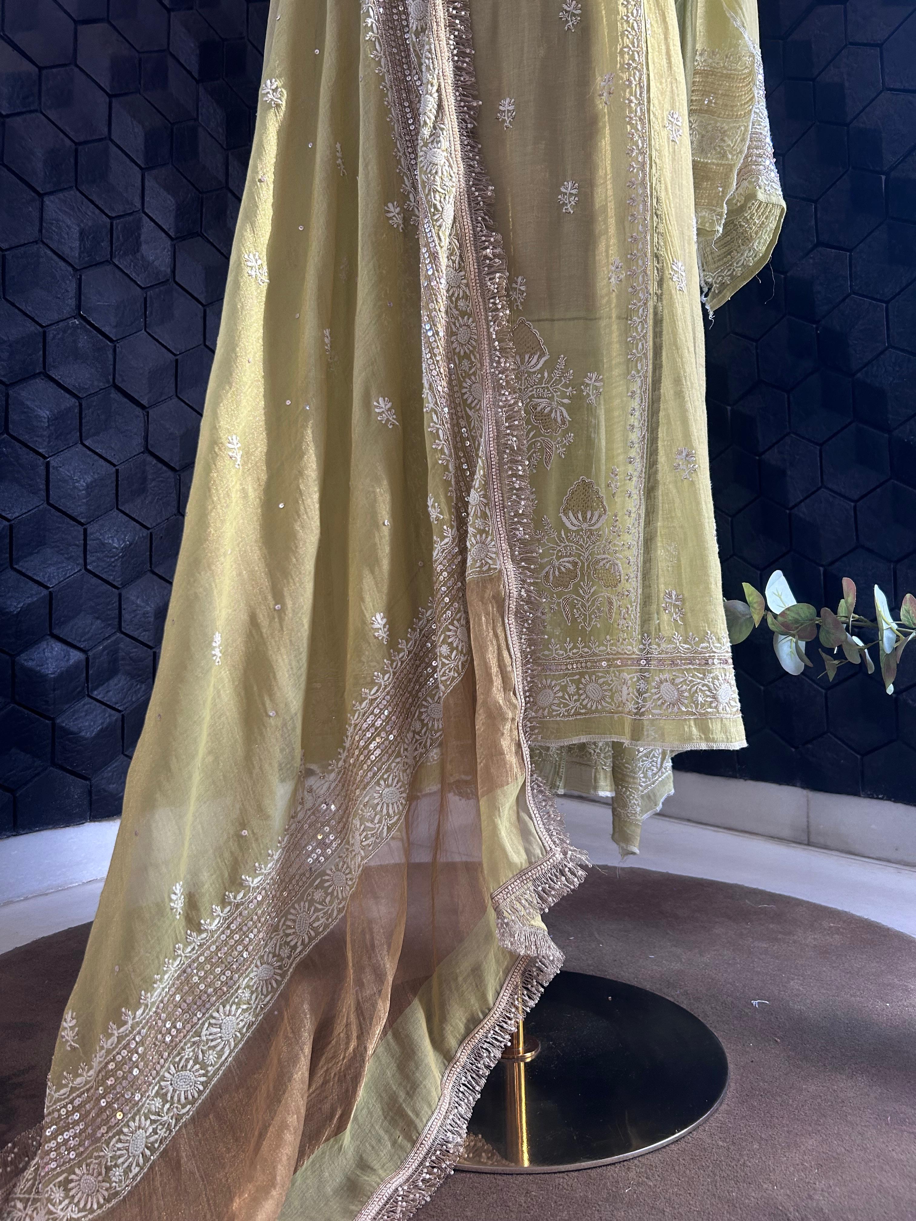 Lime green tissue chikankari kurta set