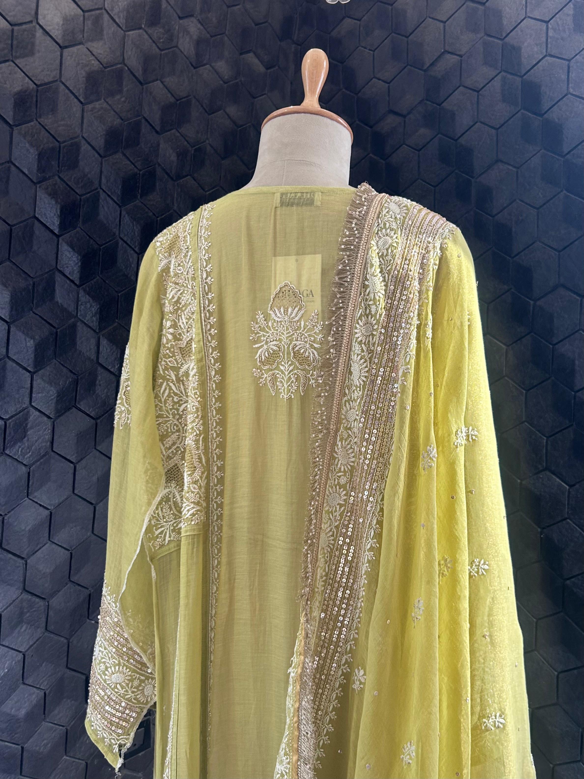 Lime green tissue chikankari kurta set