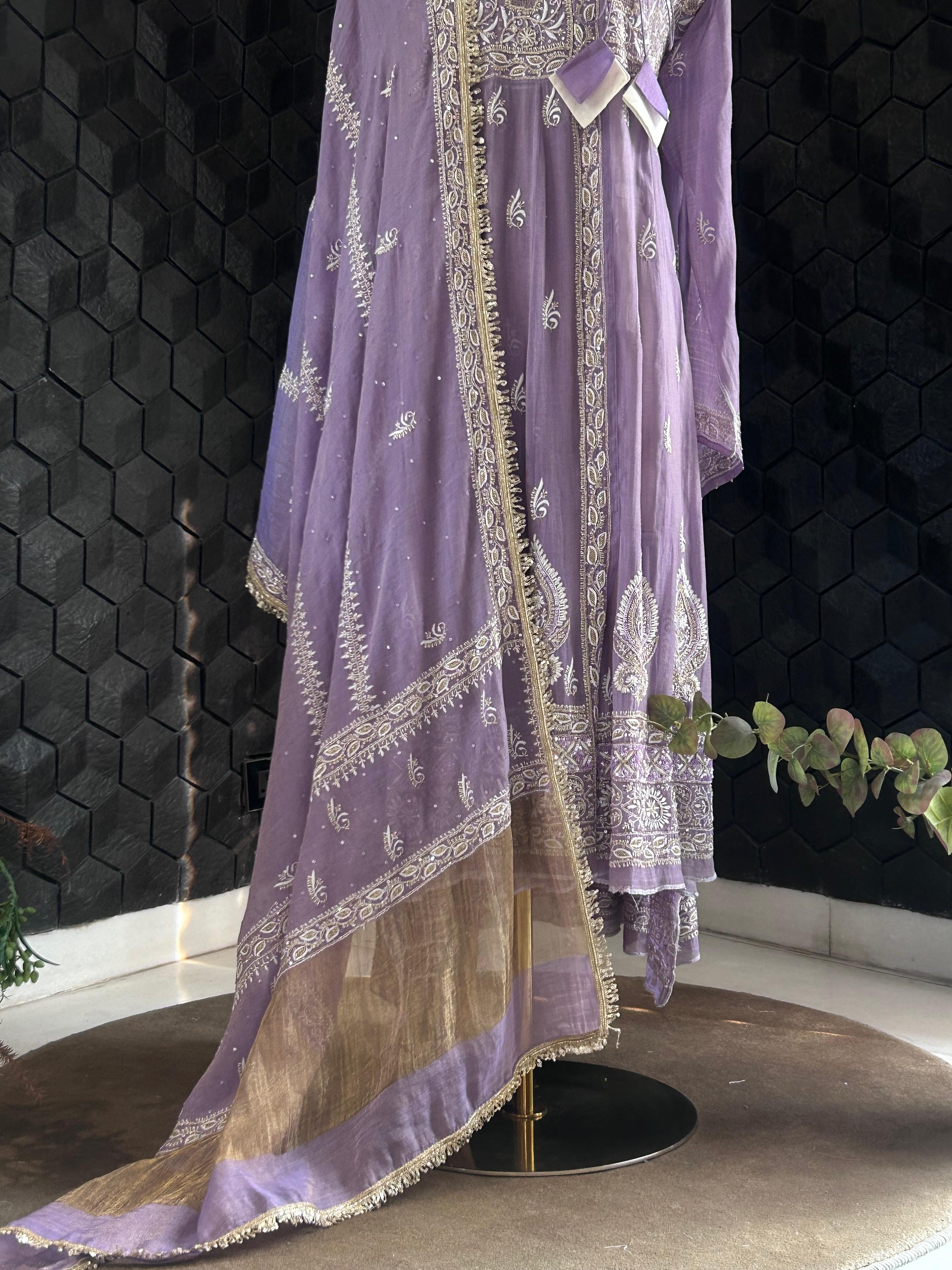 Purple tissue chikankari anarkali set