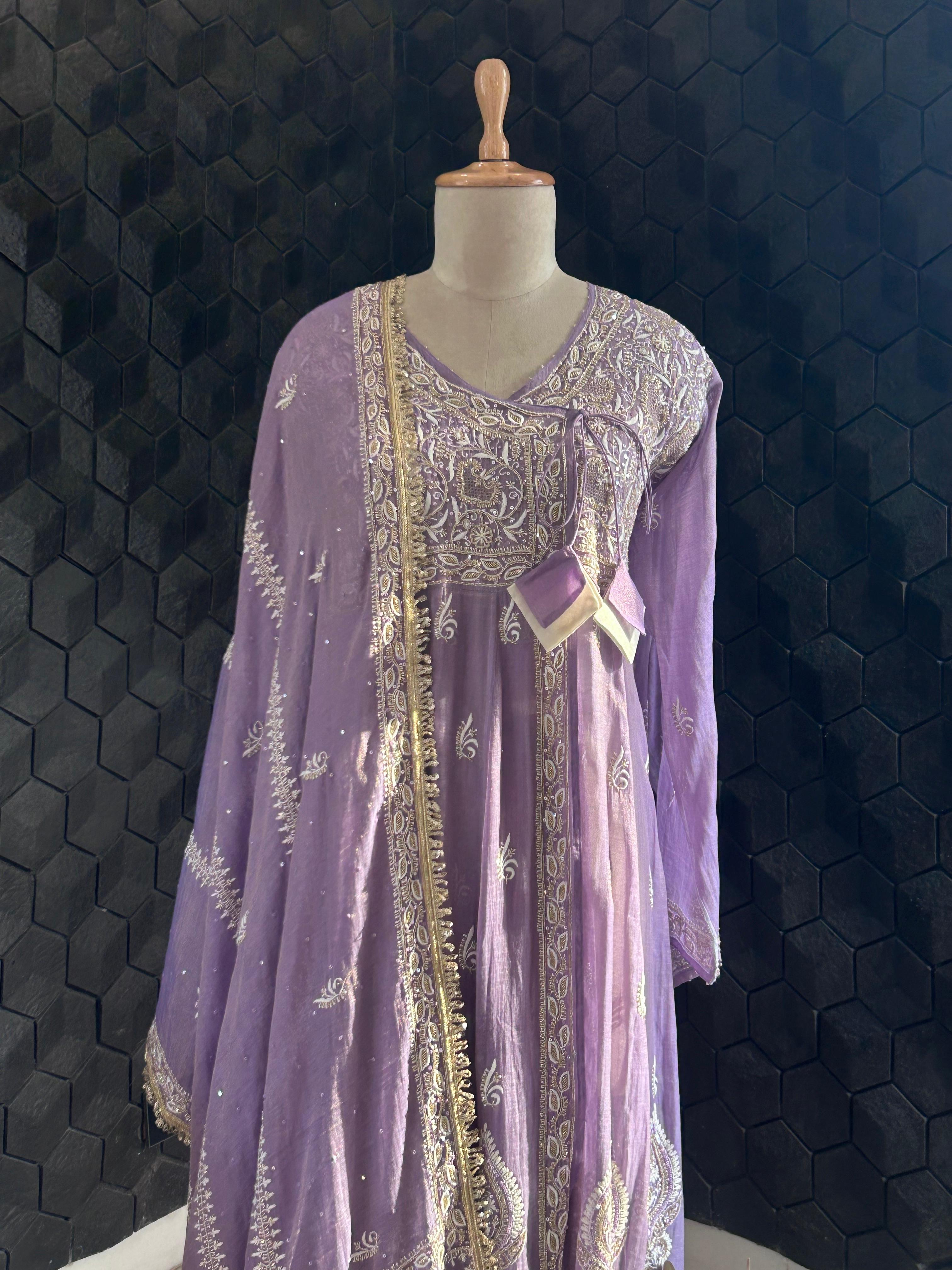 Purple tissue chikankari anarkali set