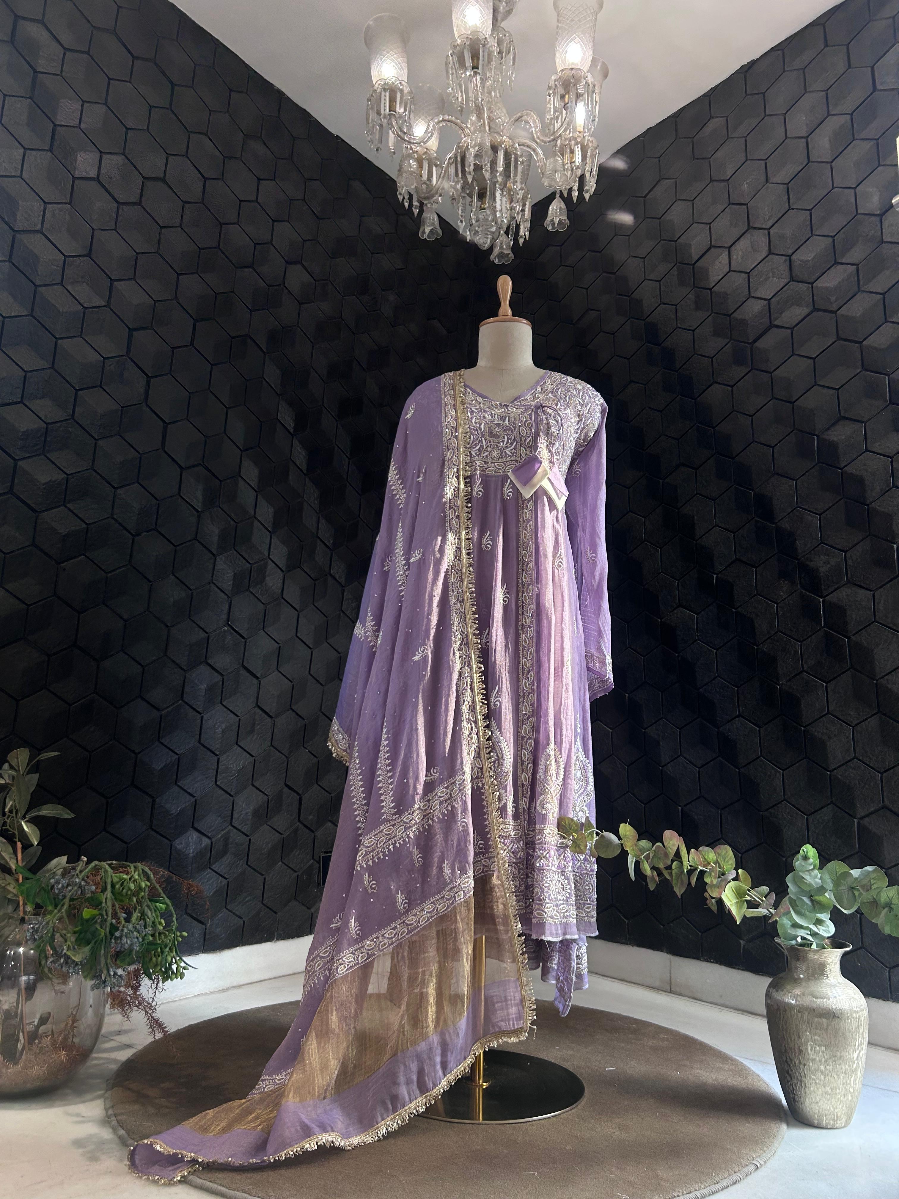Purple tissue chikankari anarkali set