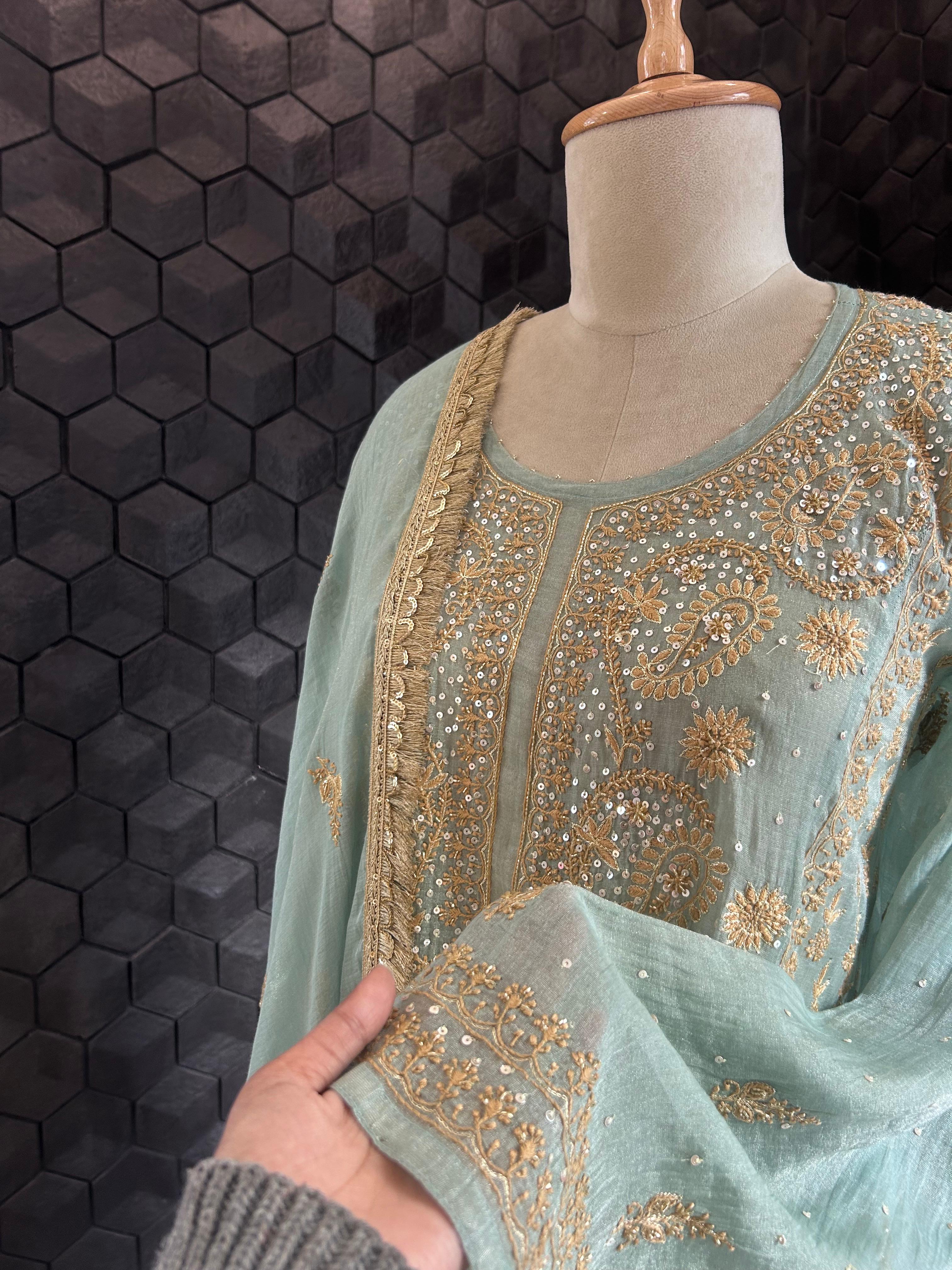 Aqua tissue chikankari kurta set