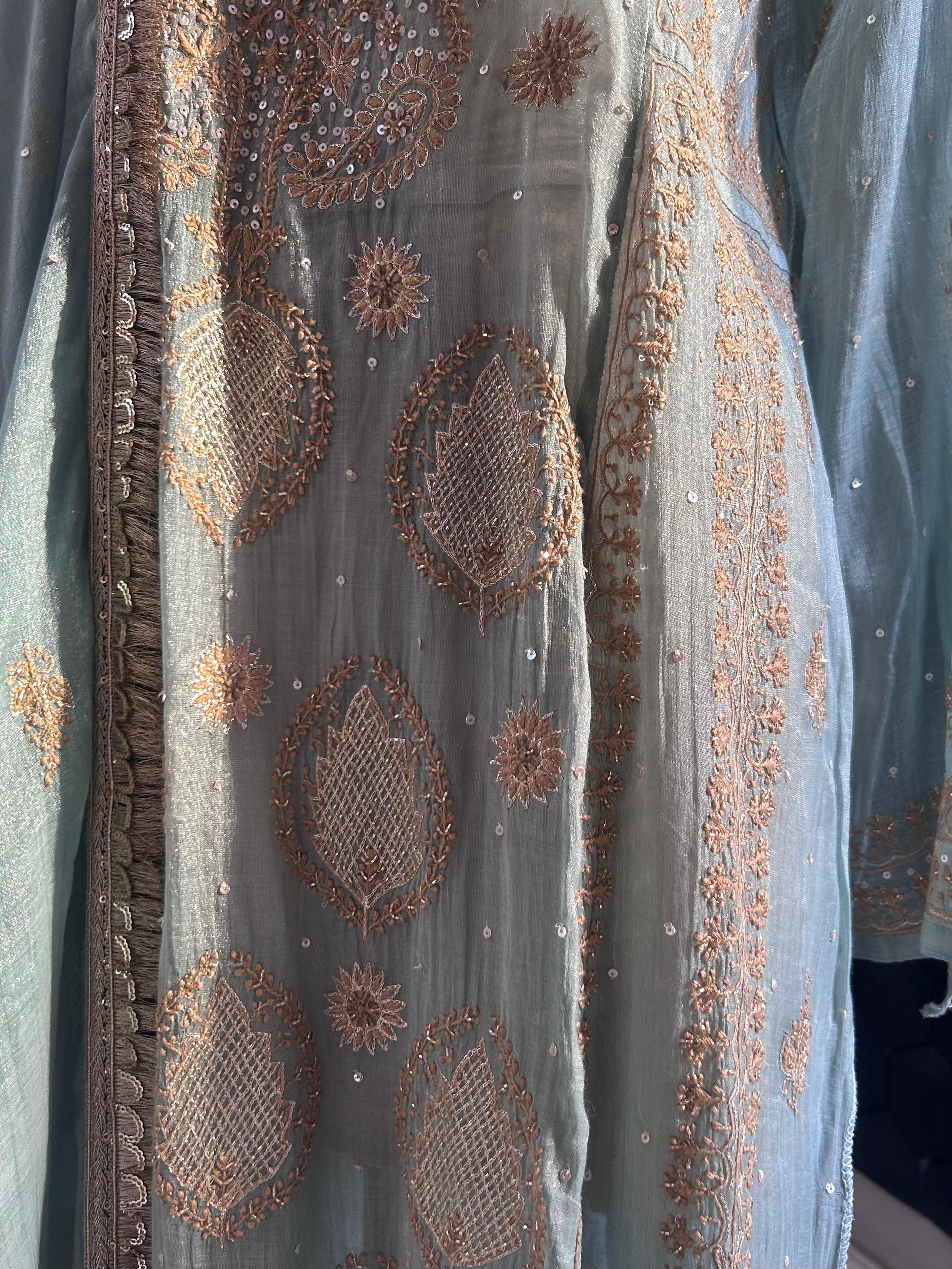 Aqua tissue chikankari kurta set