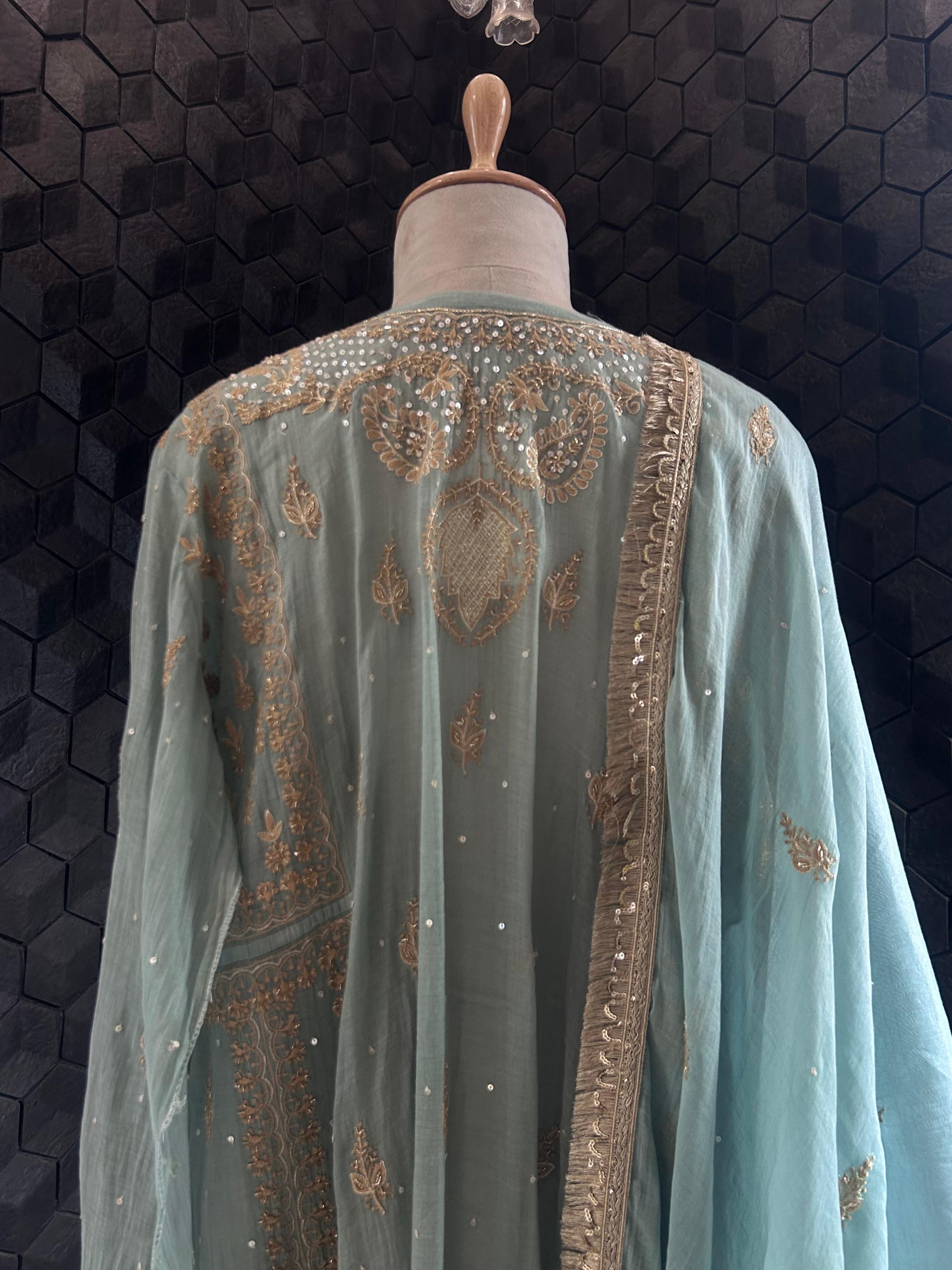 Aqua tissue chikankari kurta set