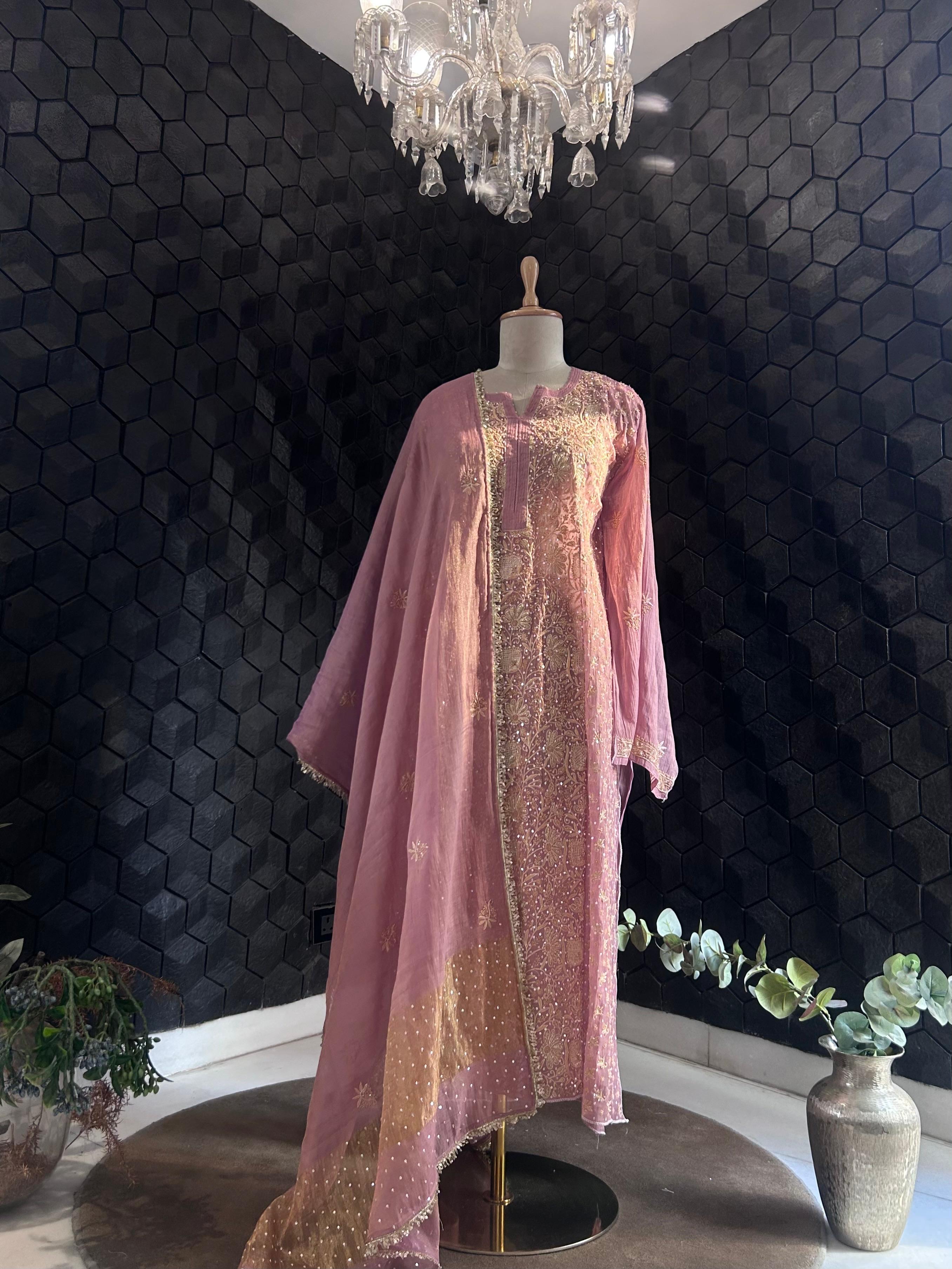 Pink tissue chikankari kurta set