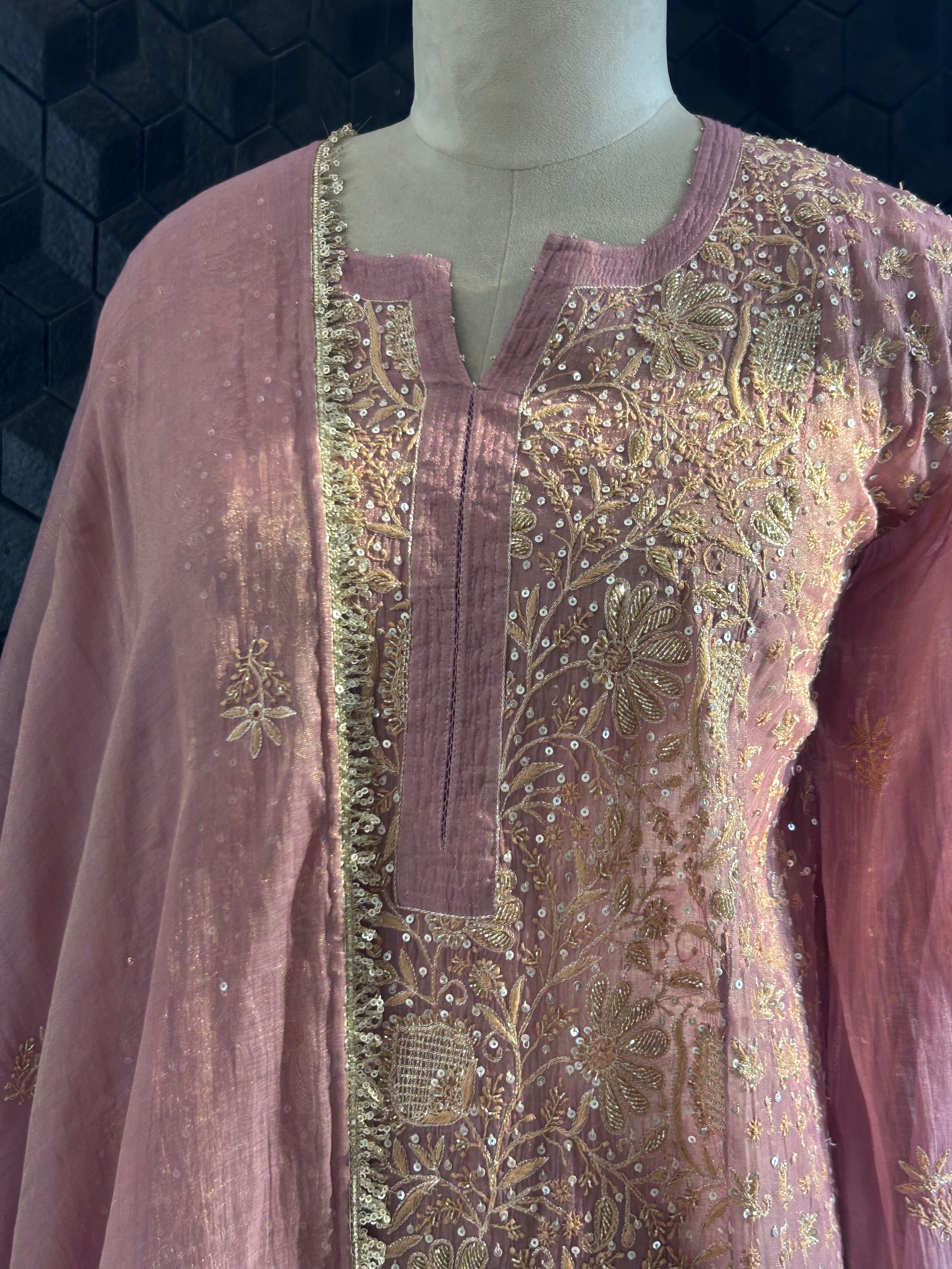 Pink tissue chikankari kurta set