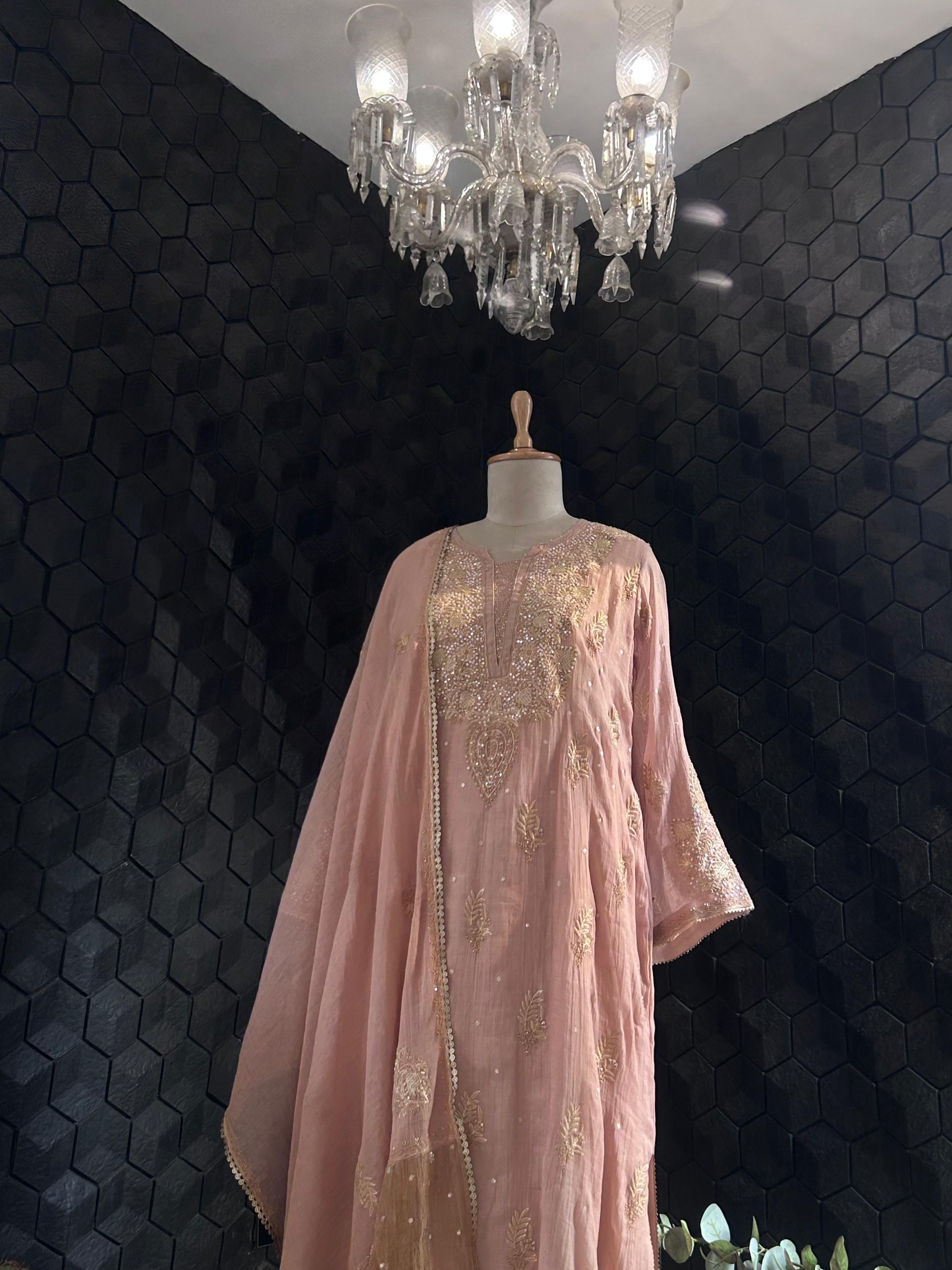 Peach tissue chikankari kurta set