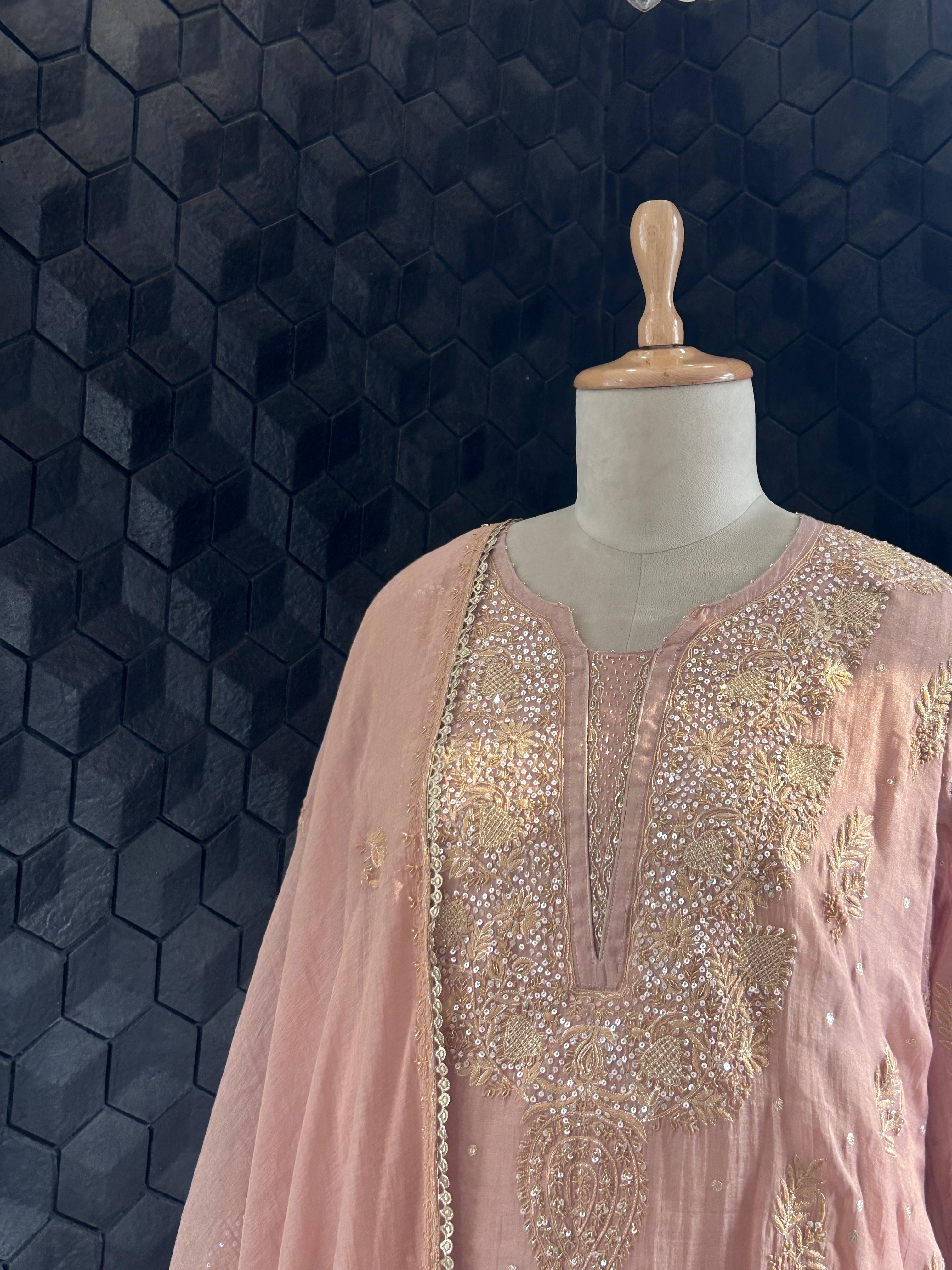 Peach tissue chikankari kurta set